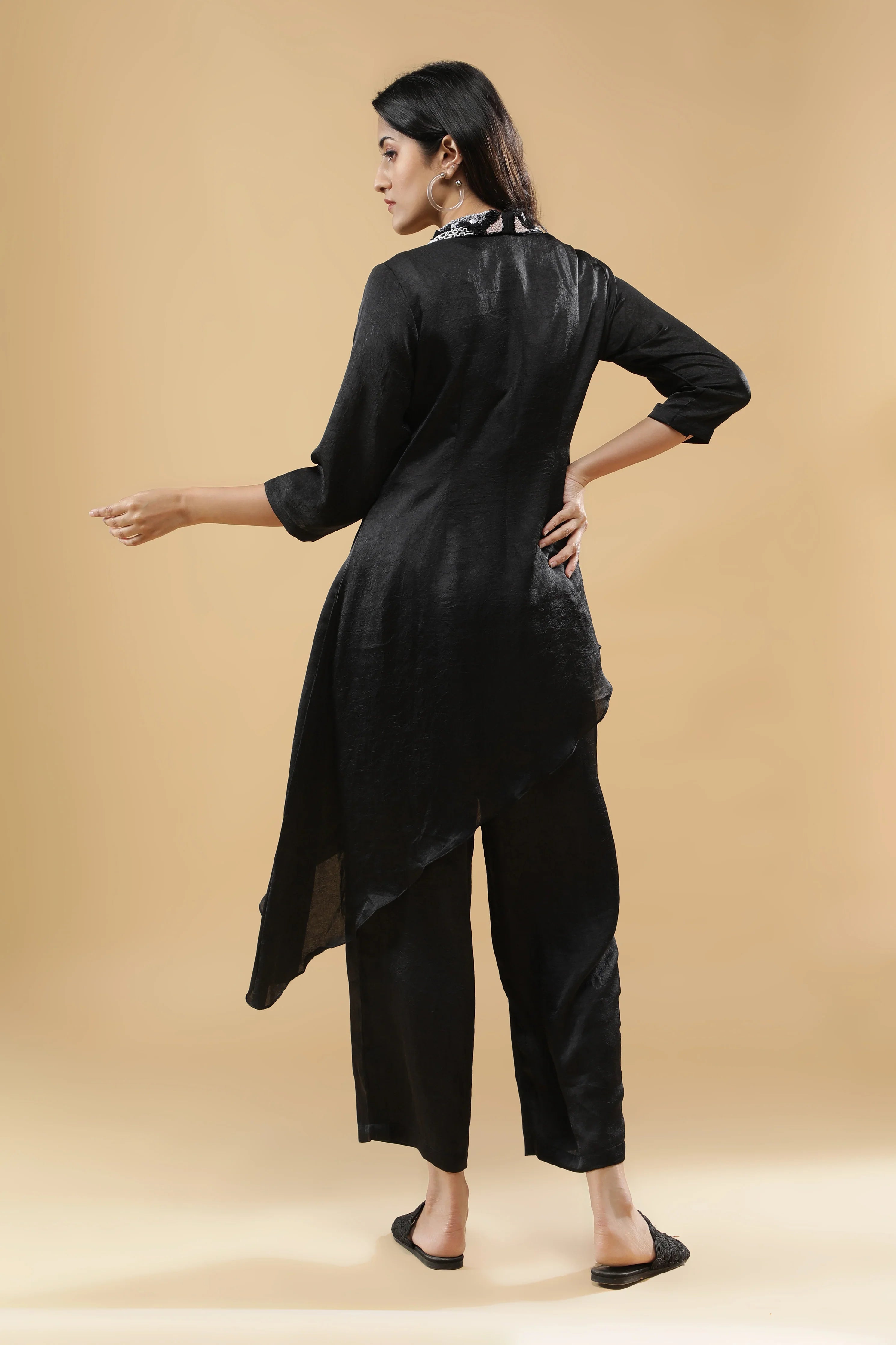 Black Crushed Silk Indo-Western Set - Mokshaa