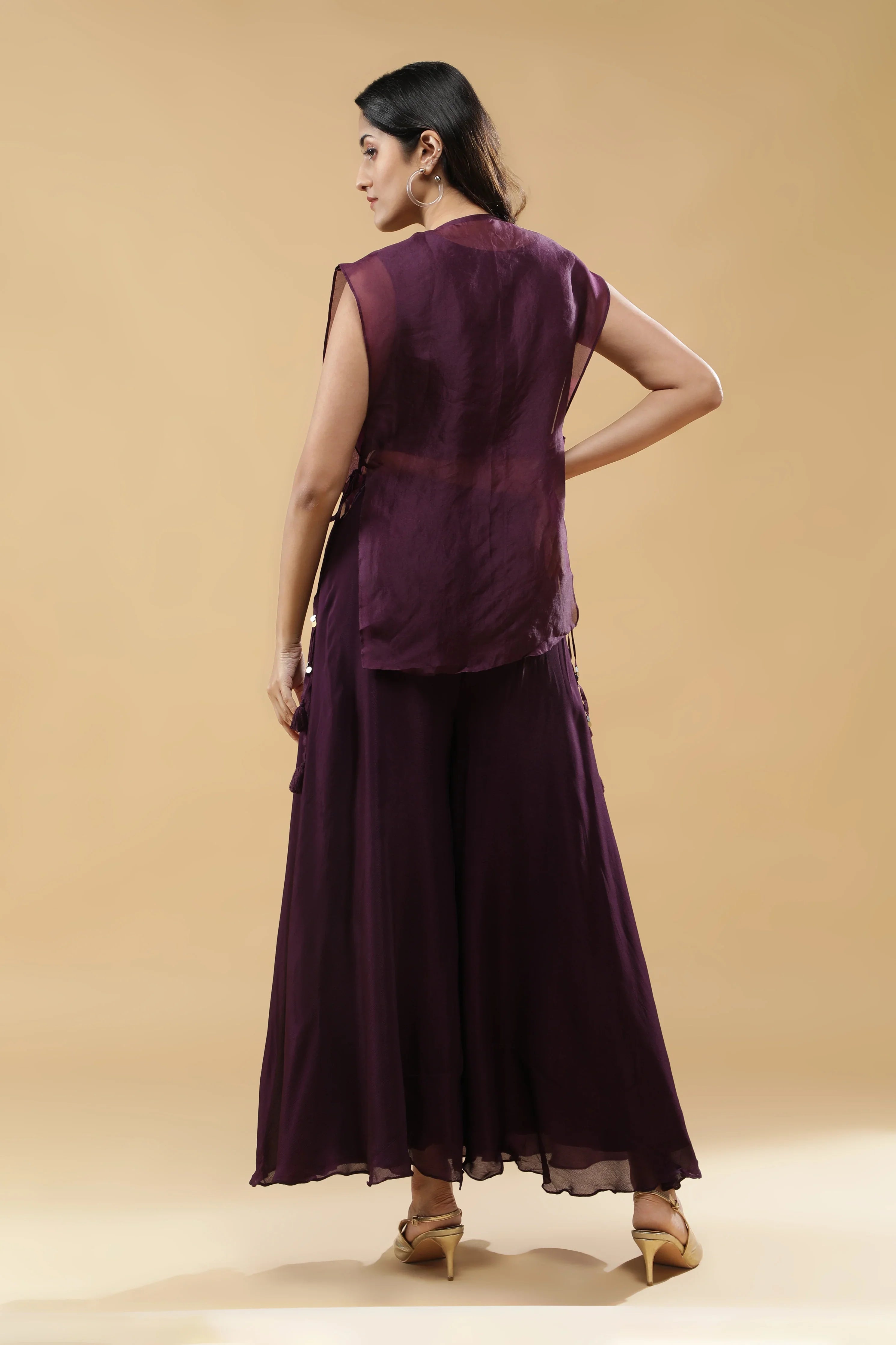 Wine Organza Indo-western Set - Mokshaa