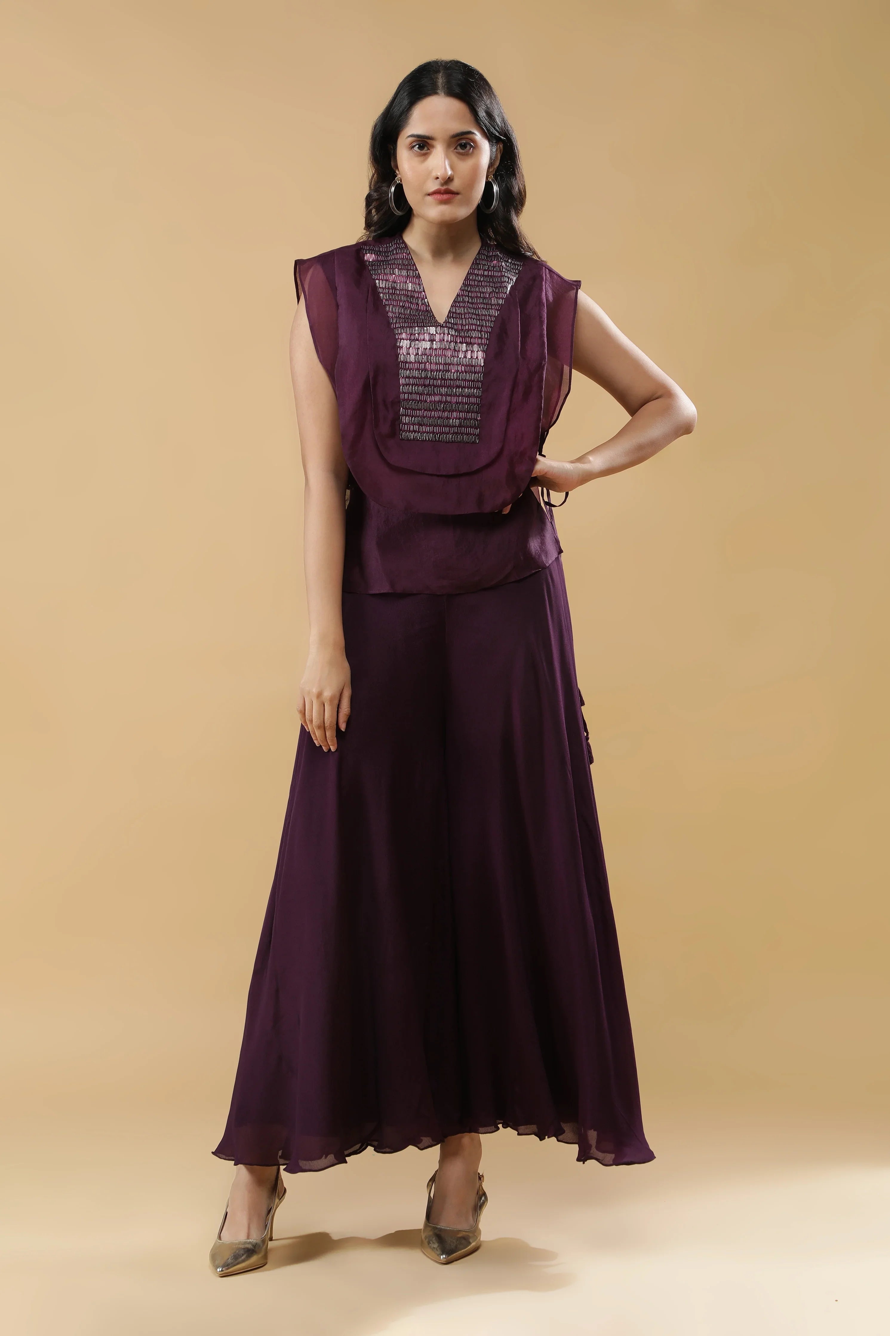 Wine Organza Indo-western Set - Mokshaa