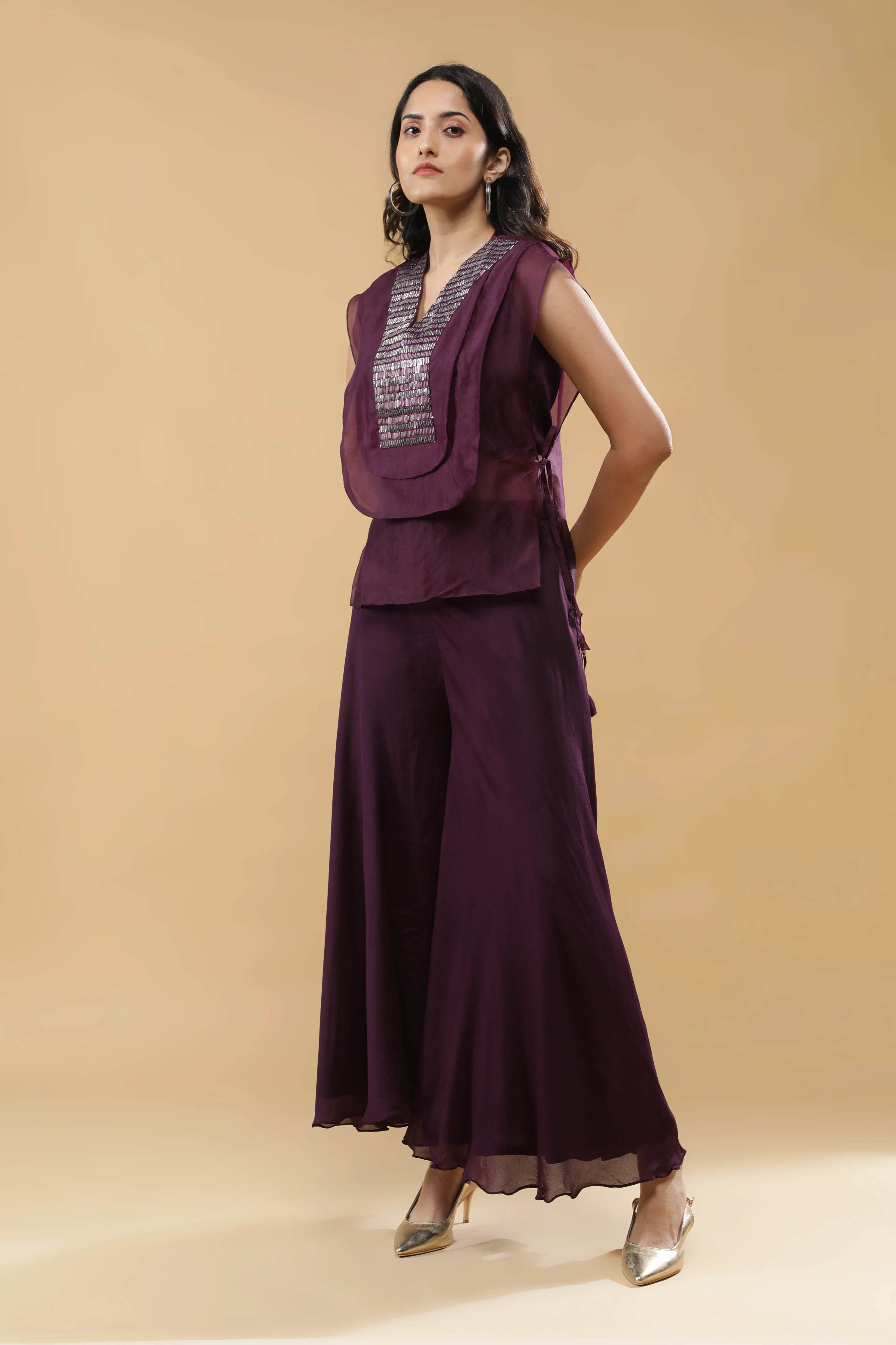 Wine Organza Indo-western Set - Mokshaa