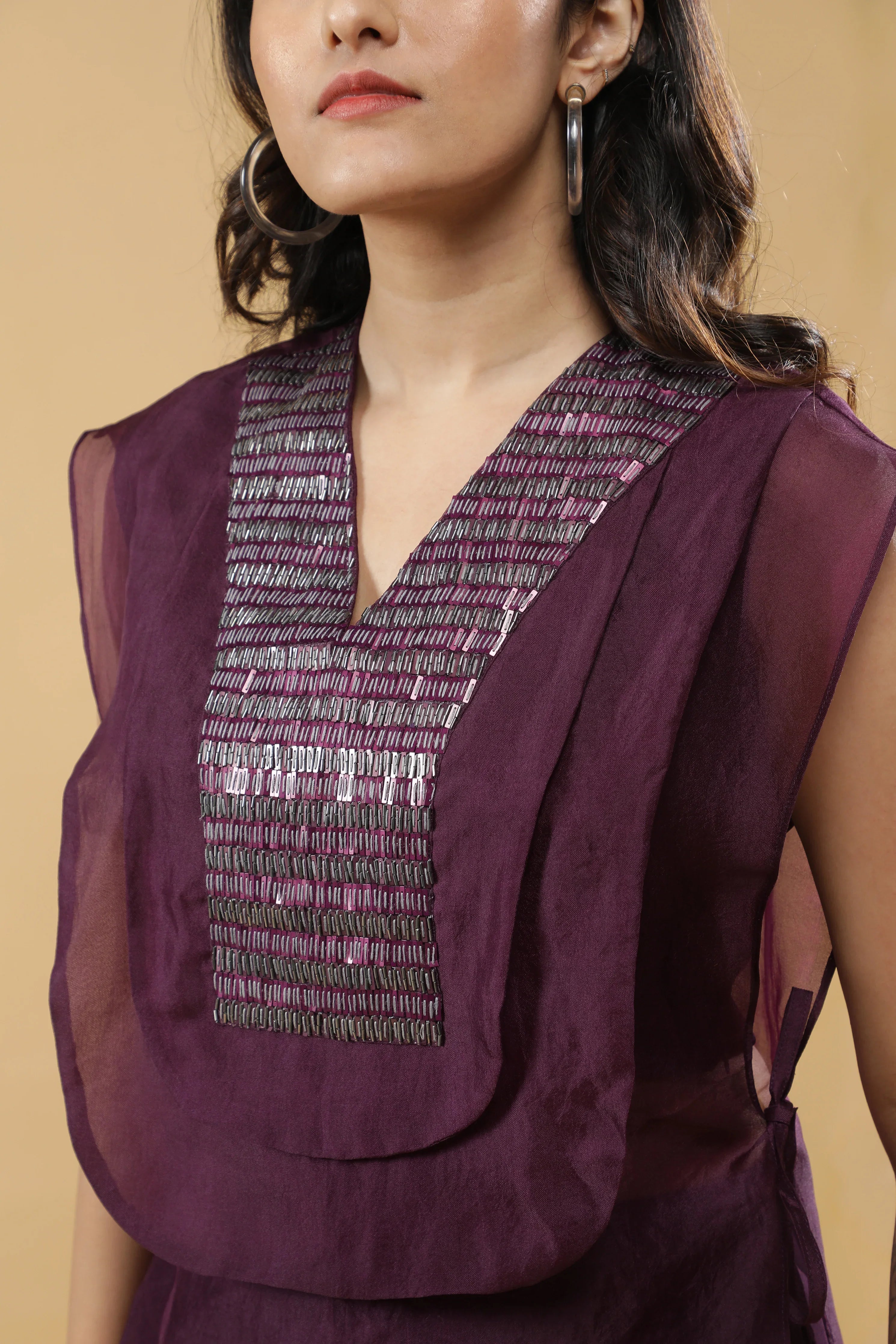 Wine Organza Indo-western Set - Mokshaa