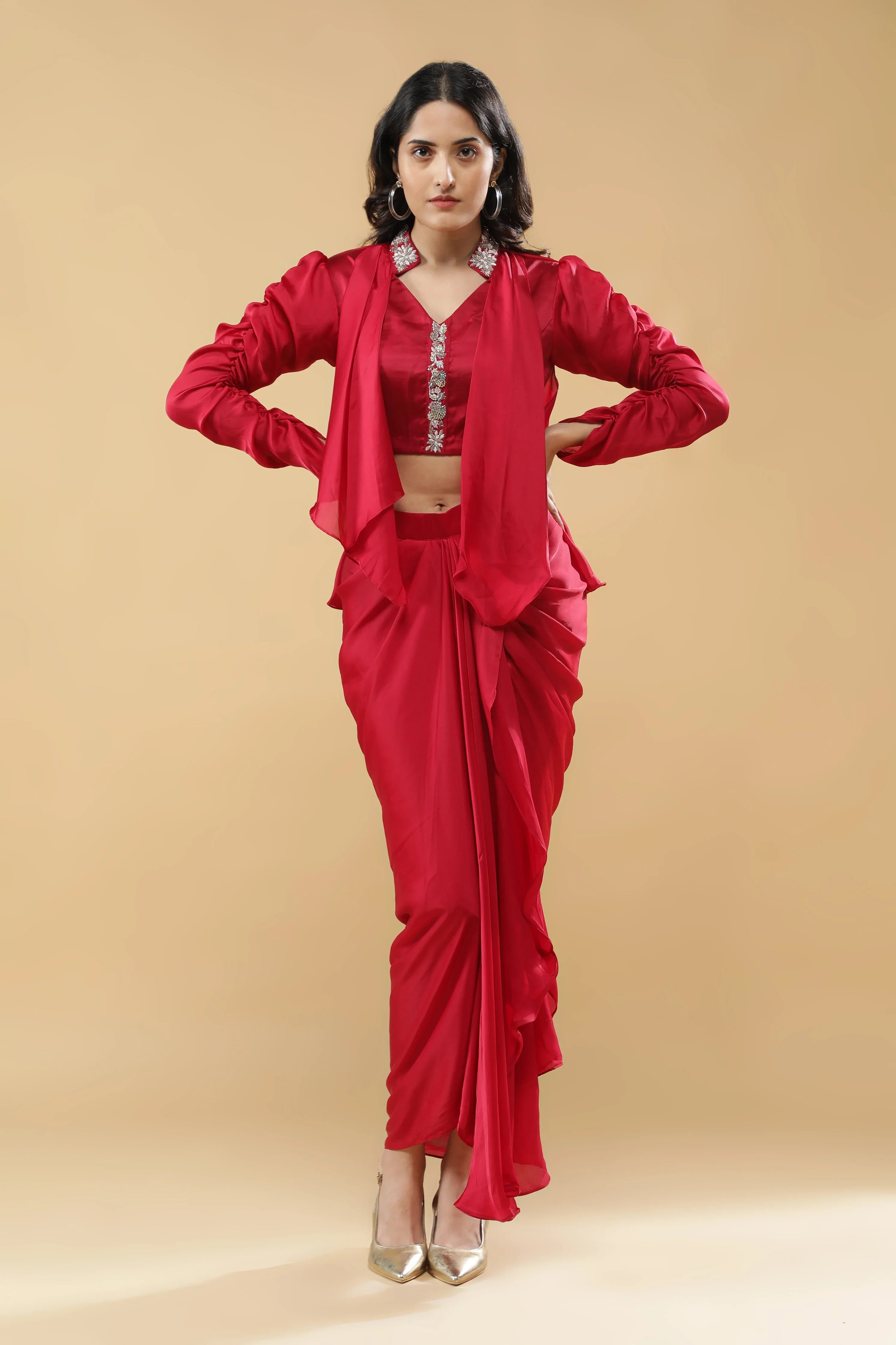 Red Satin Silk Indo-Western Drape Set - Mokshaa