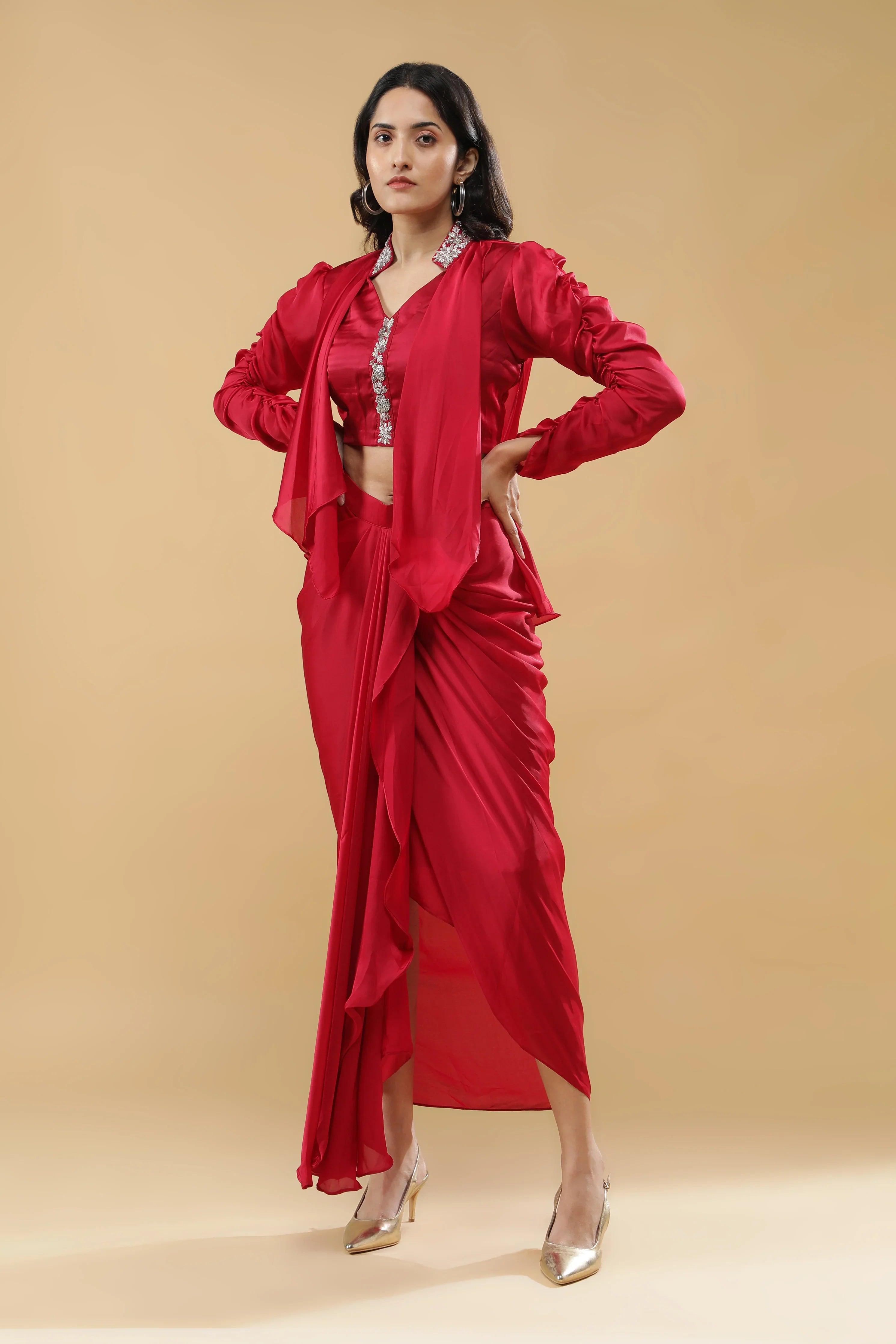Red Satin Silk Indo-Western Drape Set - Mokshaa