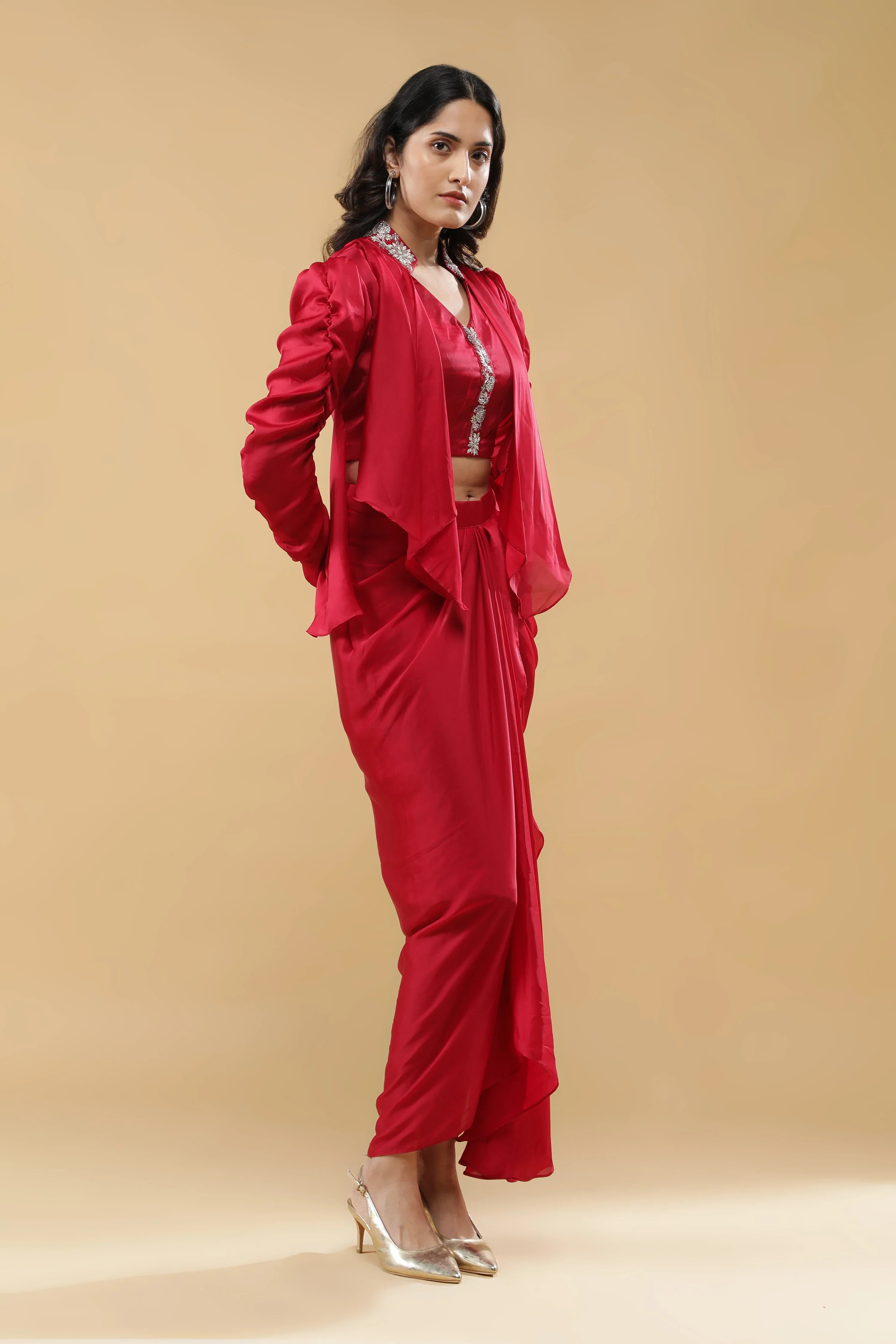 Red Satin Silk Indo-Western Drape Set - Mokshaa