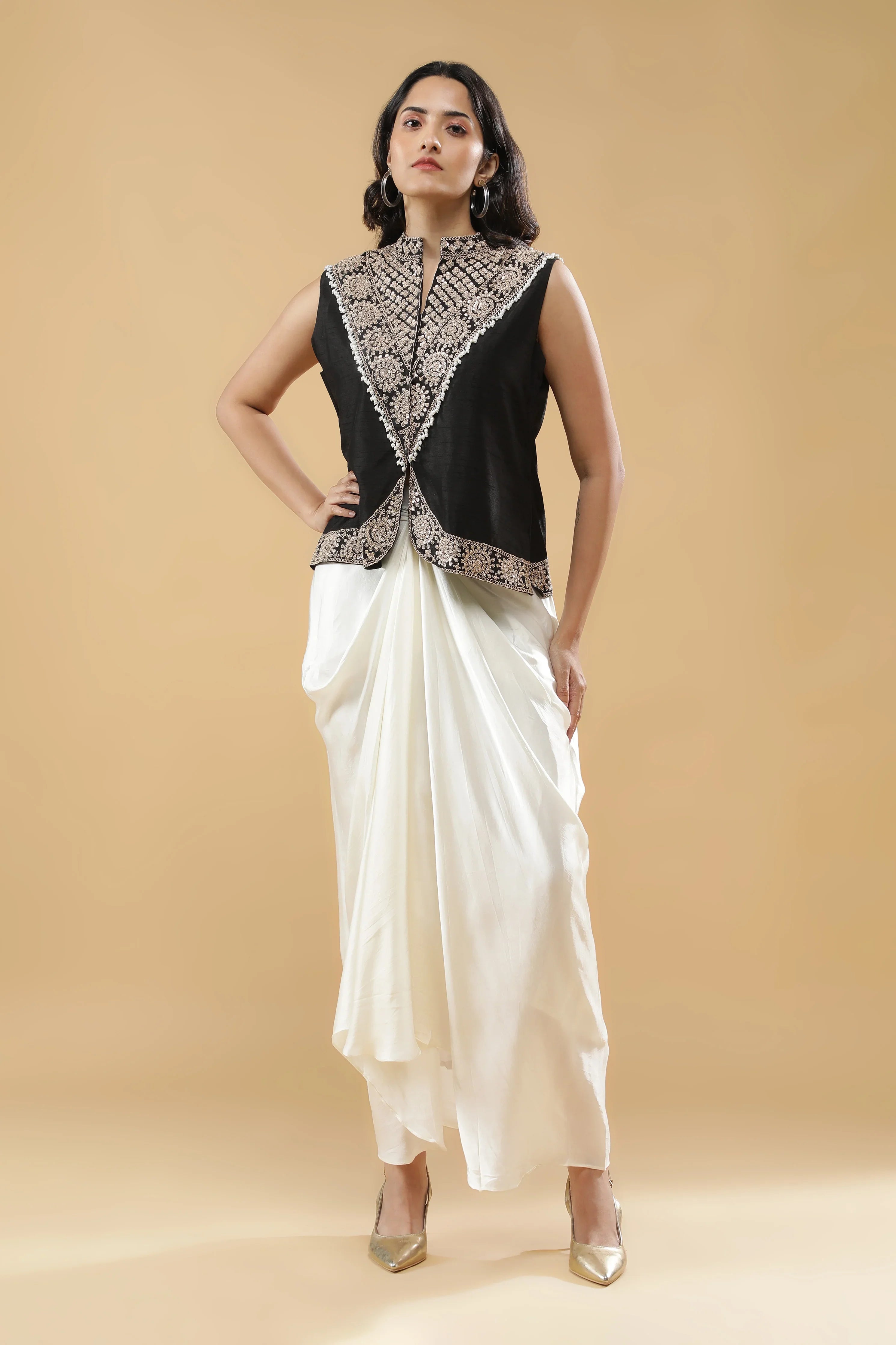Black Silk Indo-Western Drape Set - Mokshaa