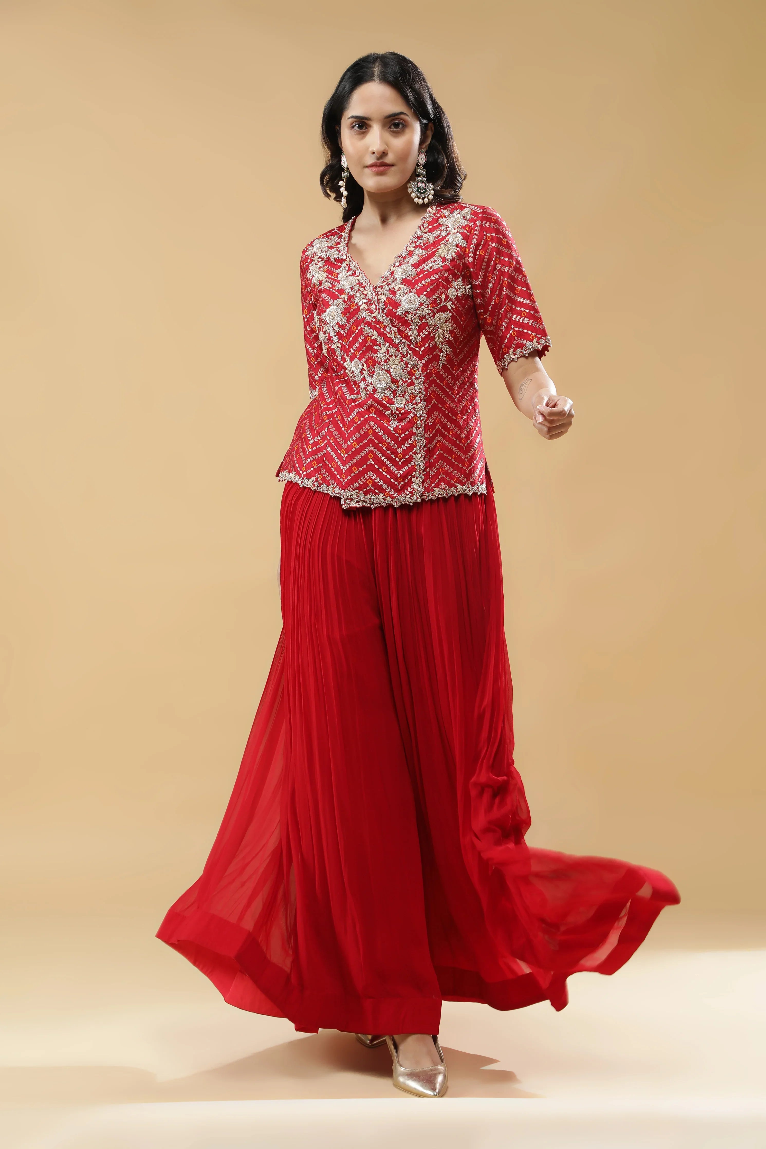 Red Bandhej Silk Peplum Indo-Western - Mokshaa