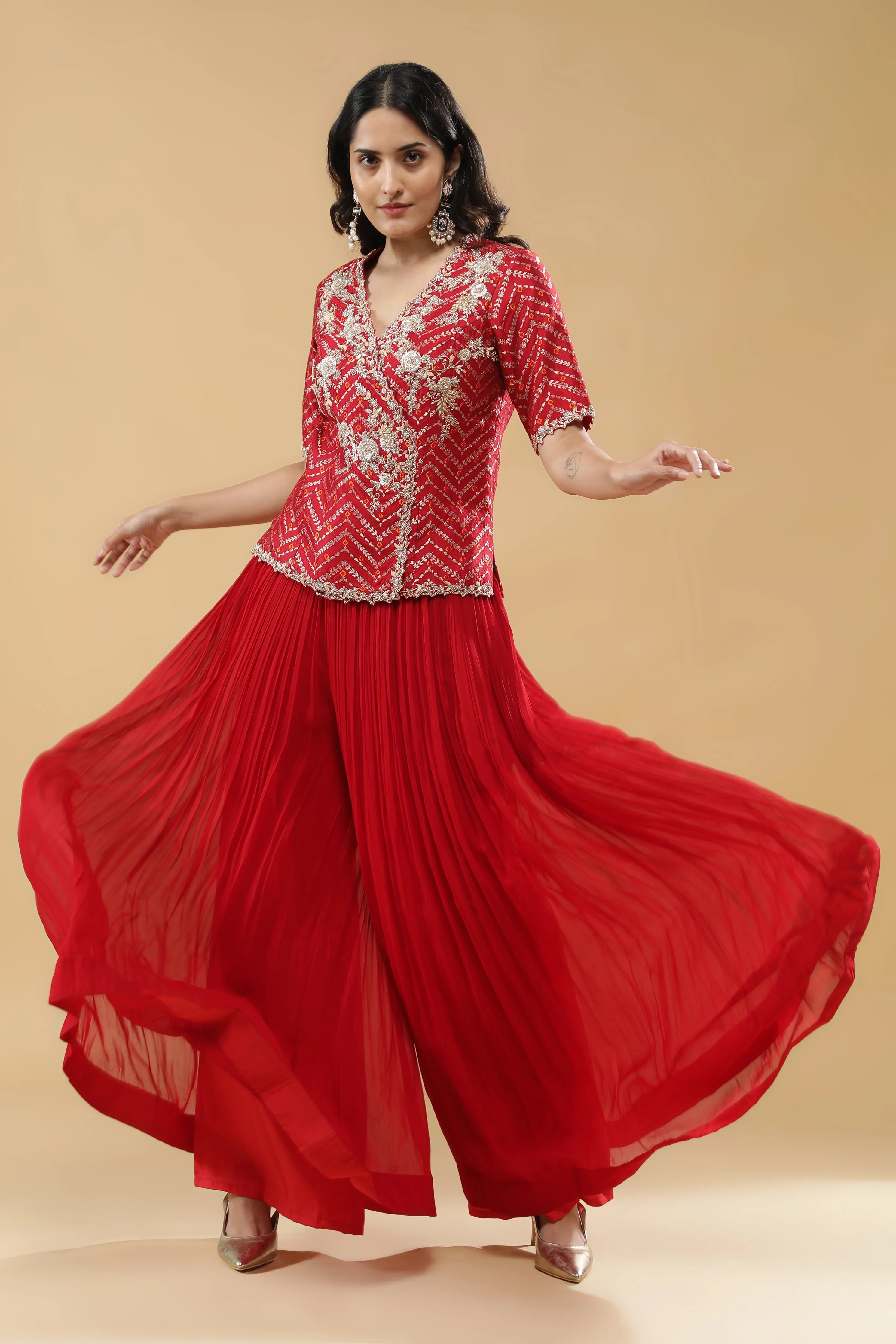 Red Bandhej Silk Peplum Indo-Western - Mokshaa