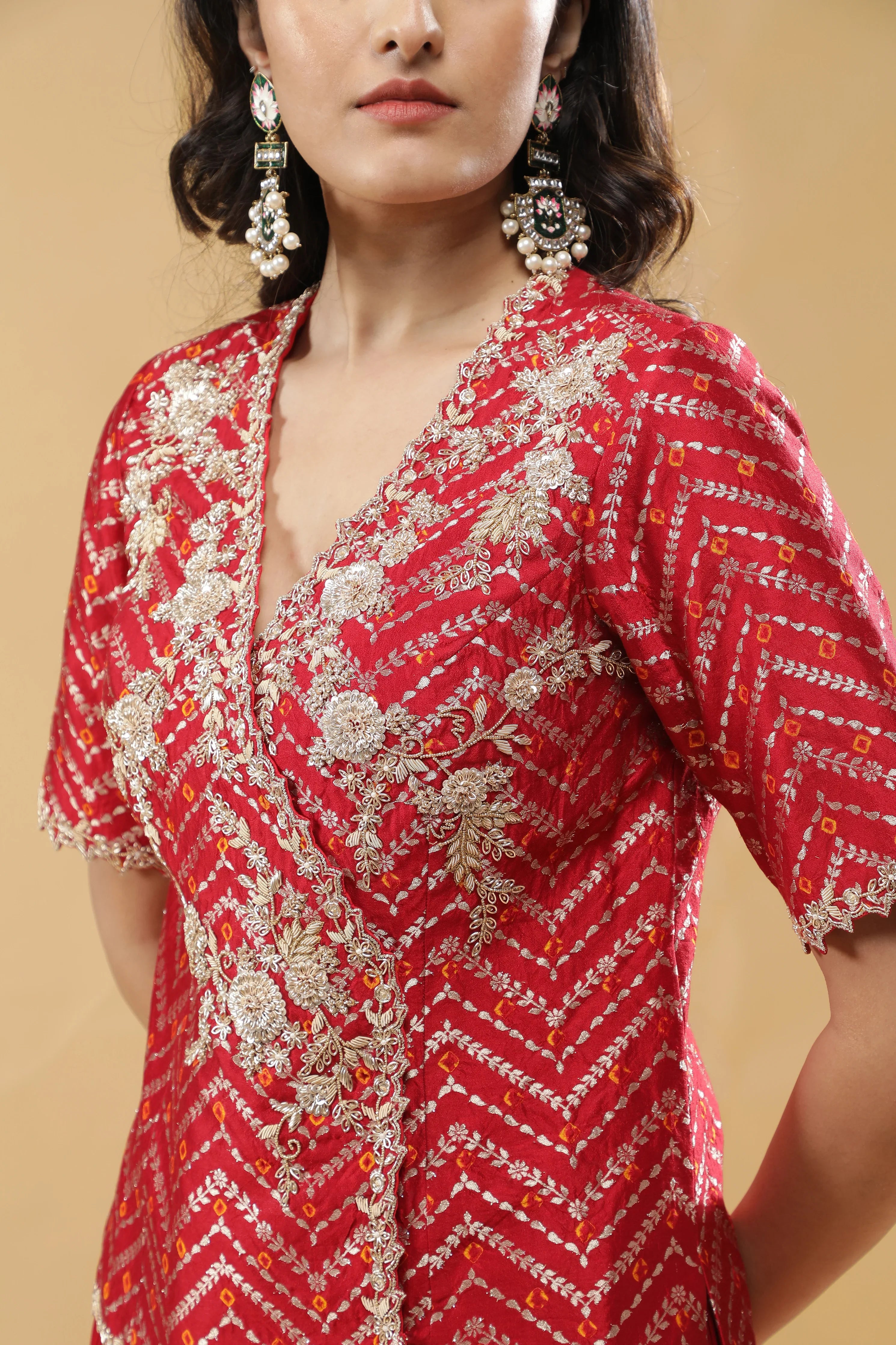 Red Bandhej Silk Peplum Indo-Western - Mokshaa