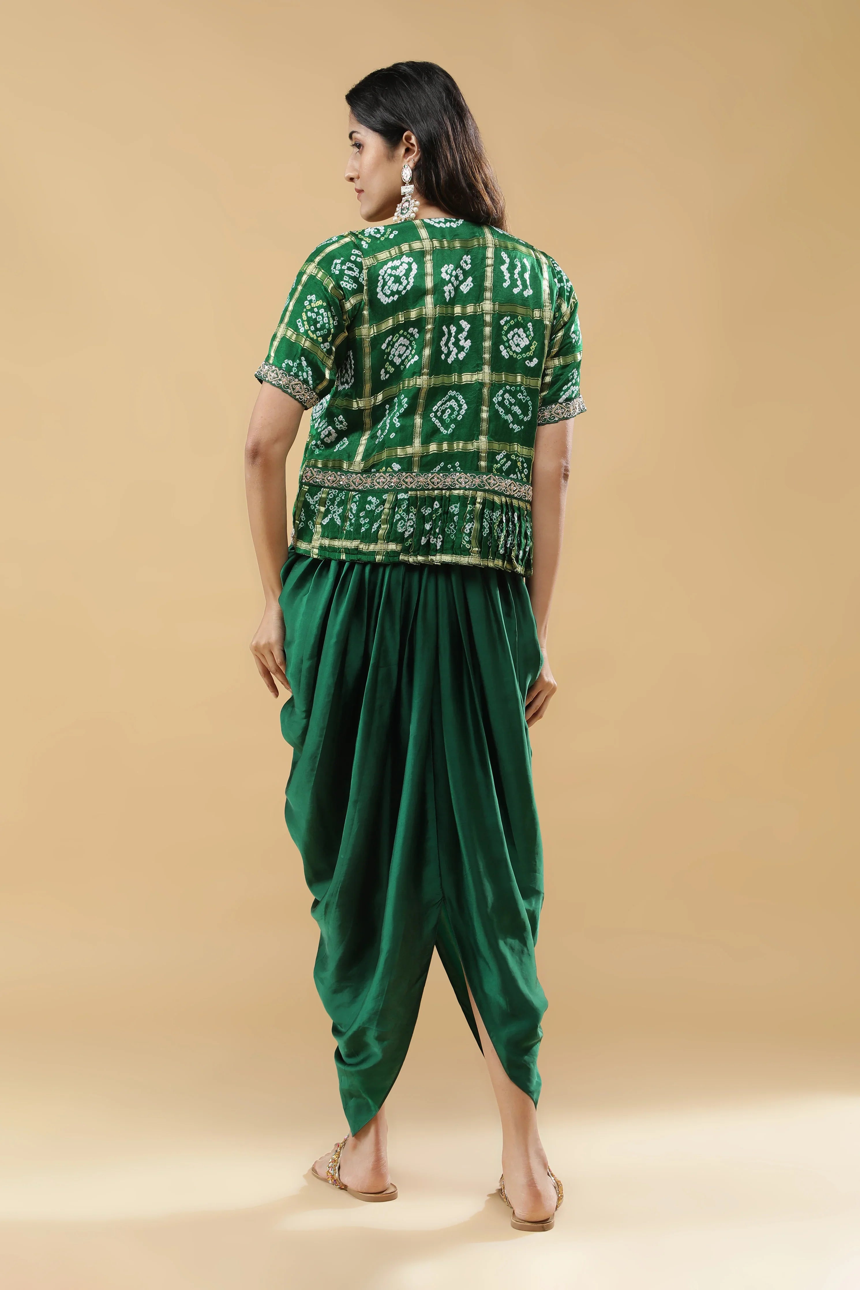 Bottle Green Satin Silk Drape Gown with Bandhej Jacket - Mokshaa
