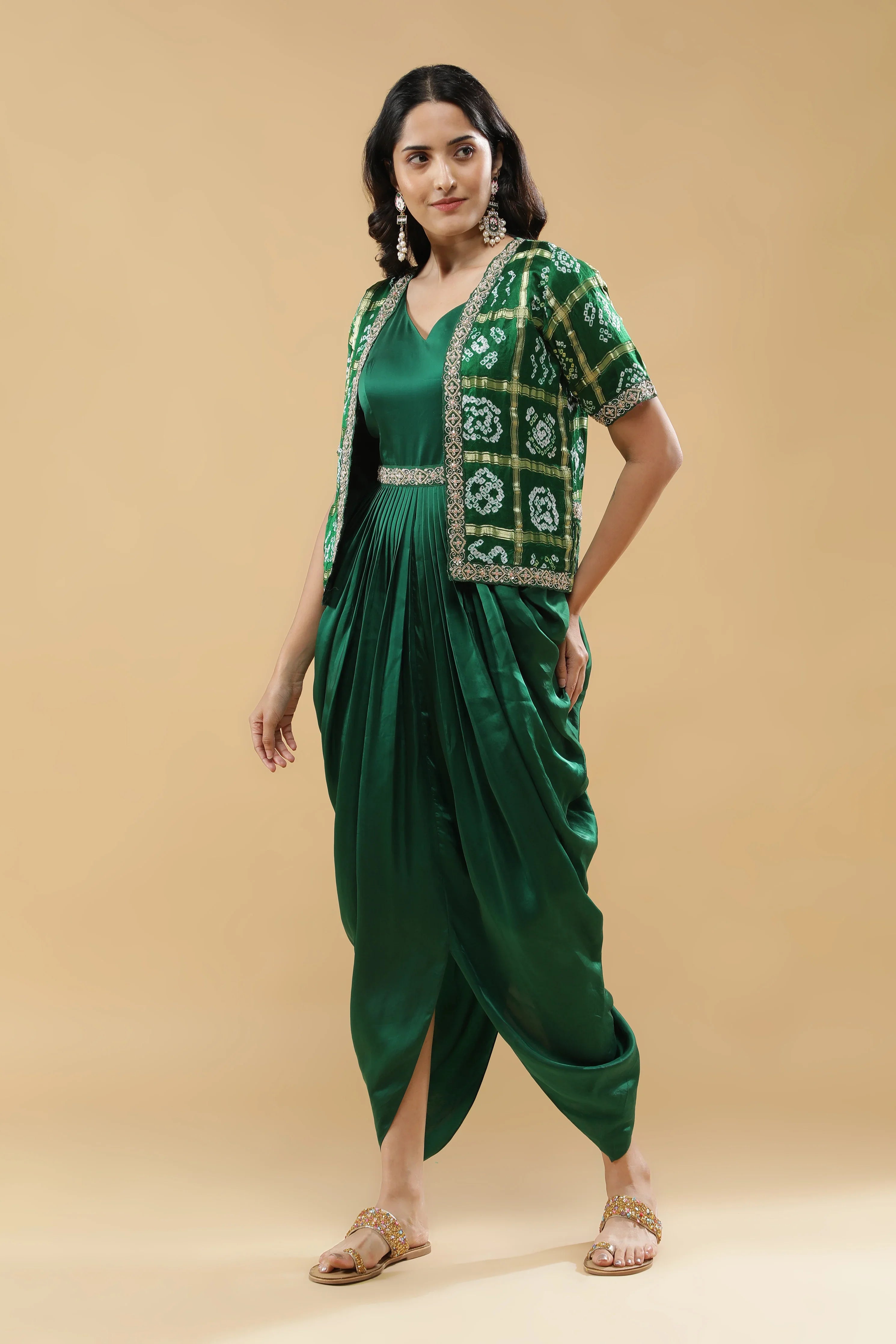 Bottle Green Satin Silk Drape Gown with Bandhej Jacket - Mokshaa