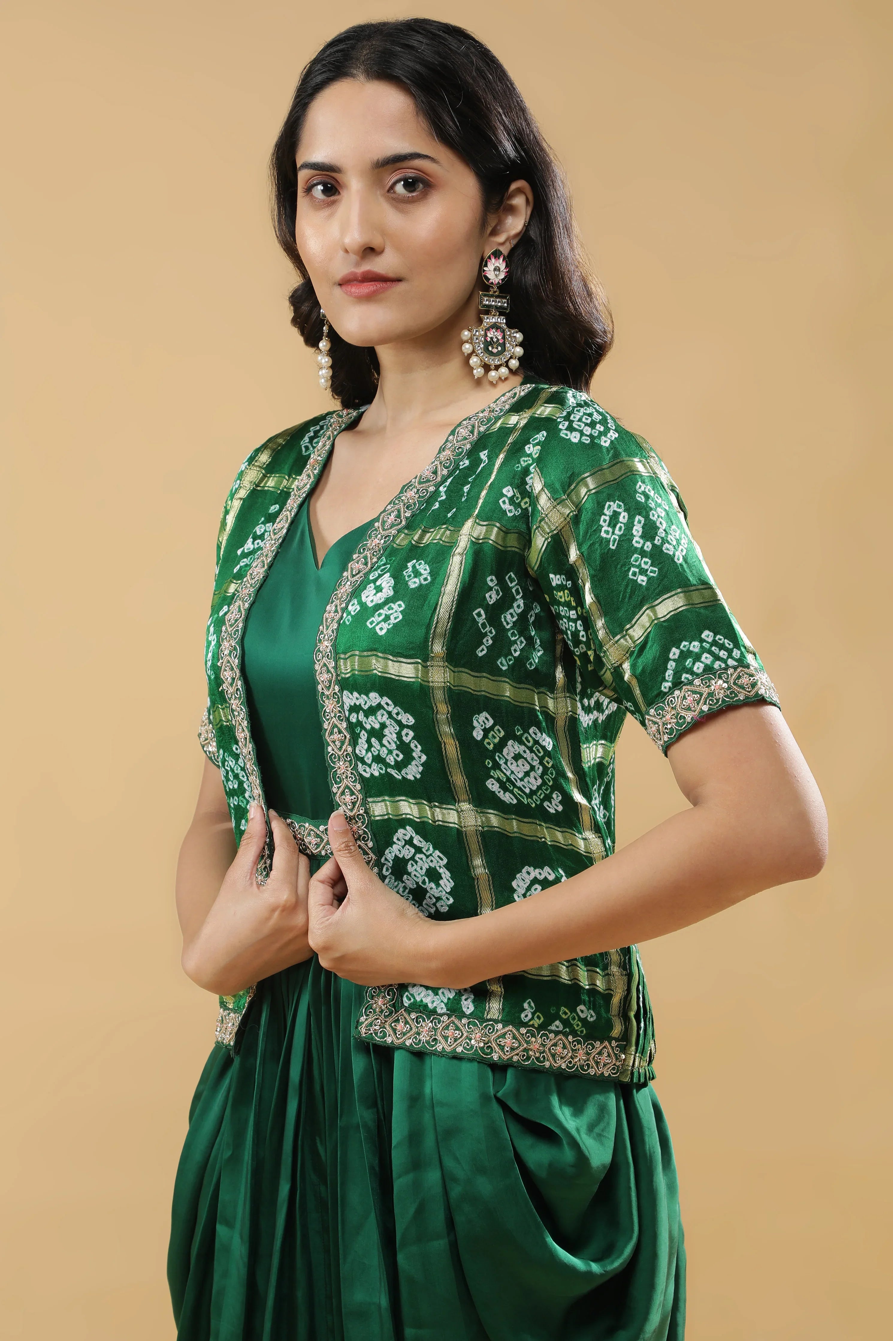 Bottle Green Satin Silk Drape Gown with Bandhej Jacket - Mokshaa
