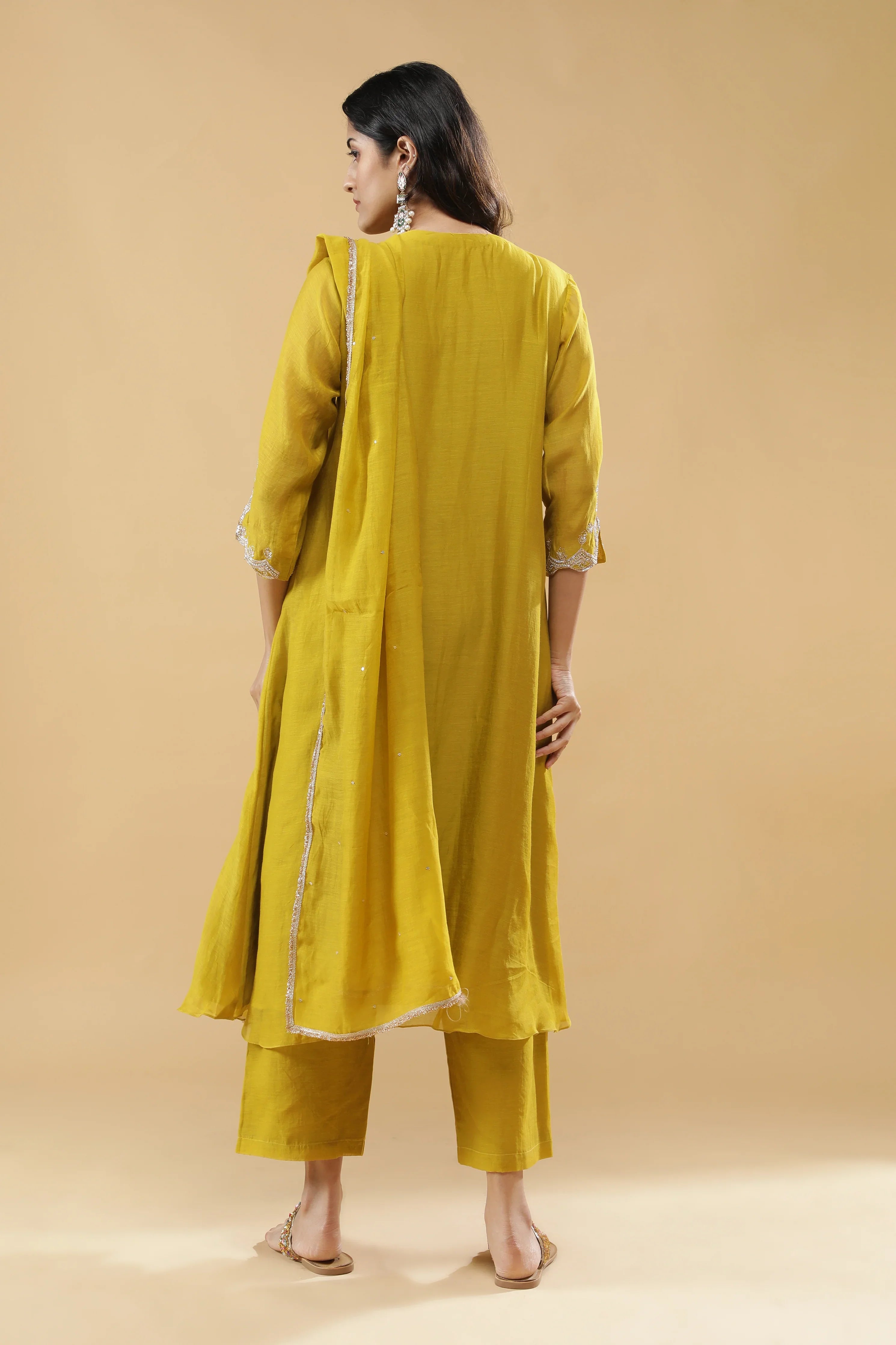 Lime Green Mul Chanderi Anarkali Set - Mokshaa