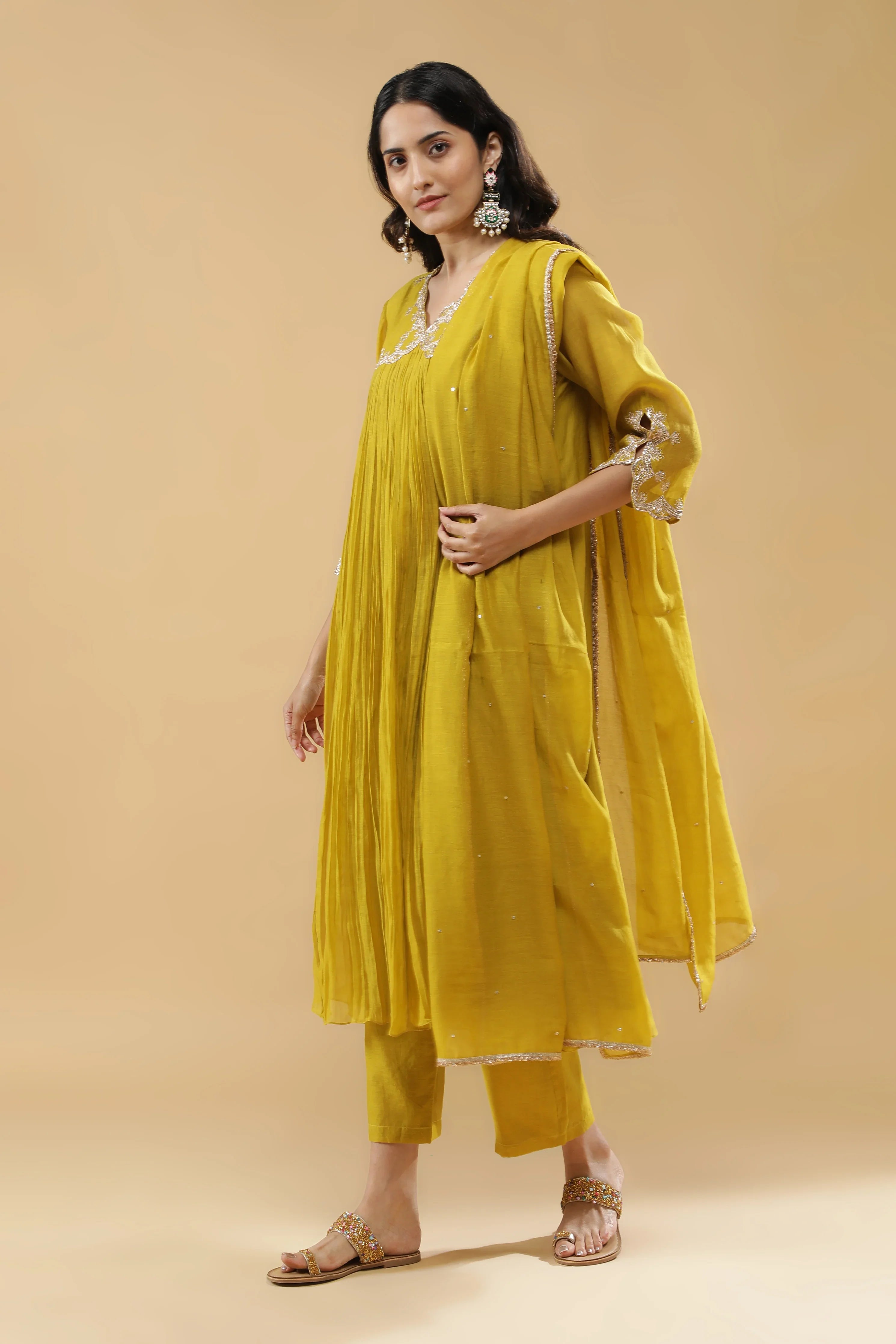 Lime Green Mul Chanderi Anarkali Set - Mokshaa