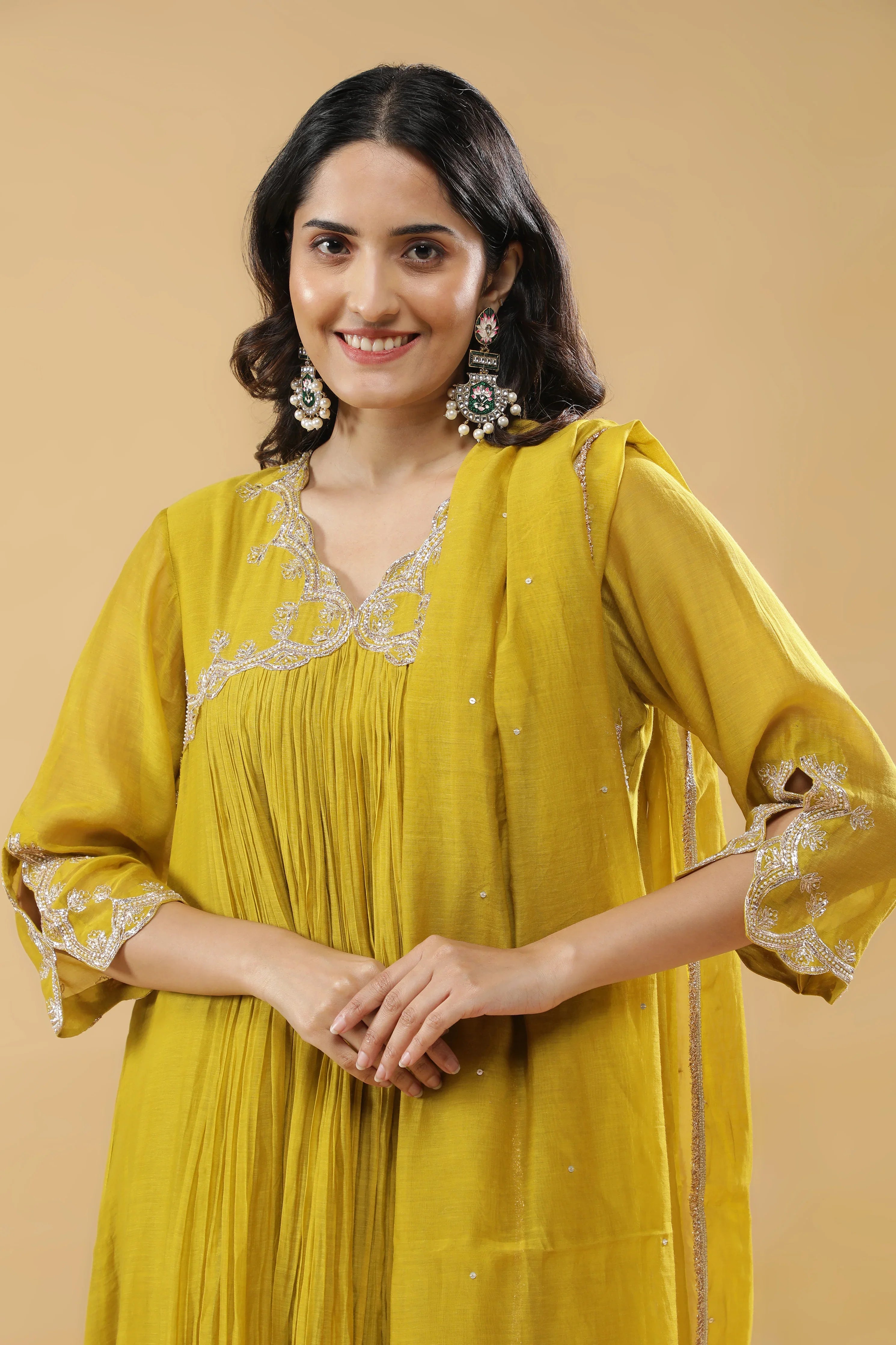 Lime Green Mul Chanderi Anarkali Set - Mokshaa