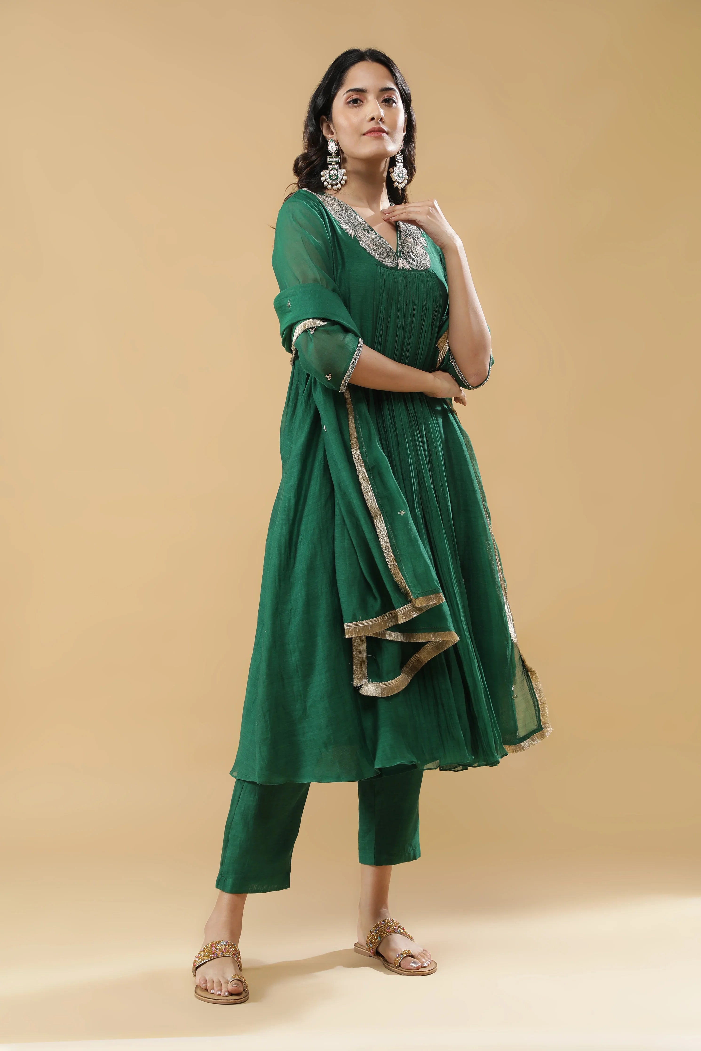 Bottle Green Mul Chanderi Anarkali Set - Mokshaa