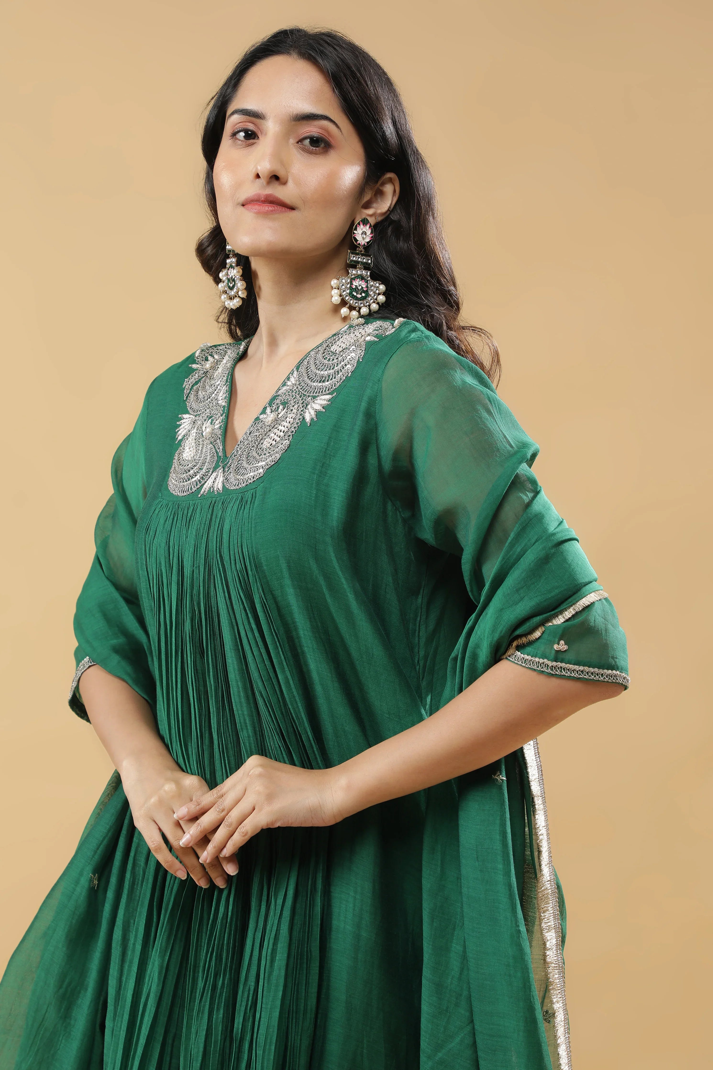 Bottle Green Mul Chanderi Anarkali Set - Mokshaa