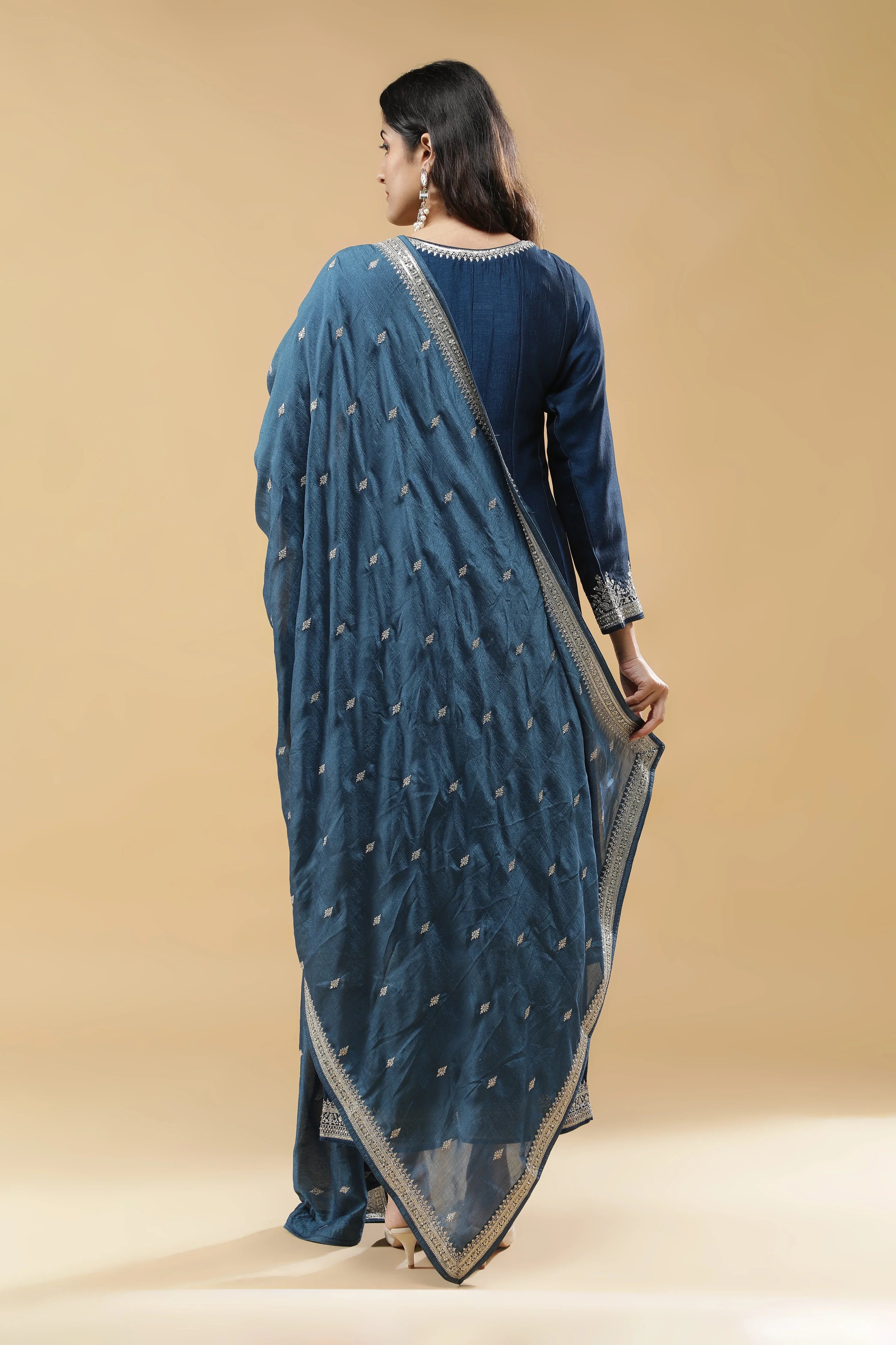 Blue Silk Anarkali Set - Mokshaa