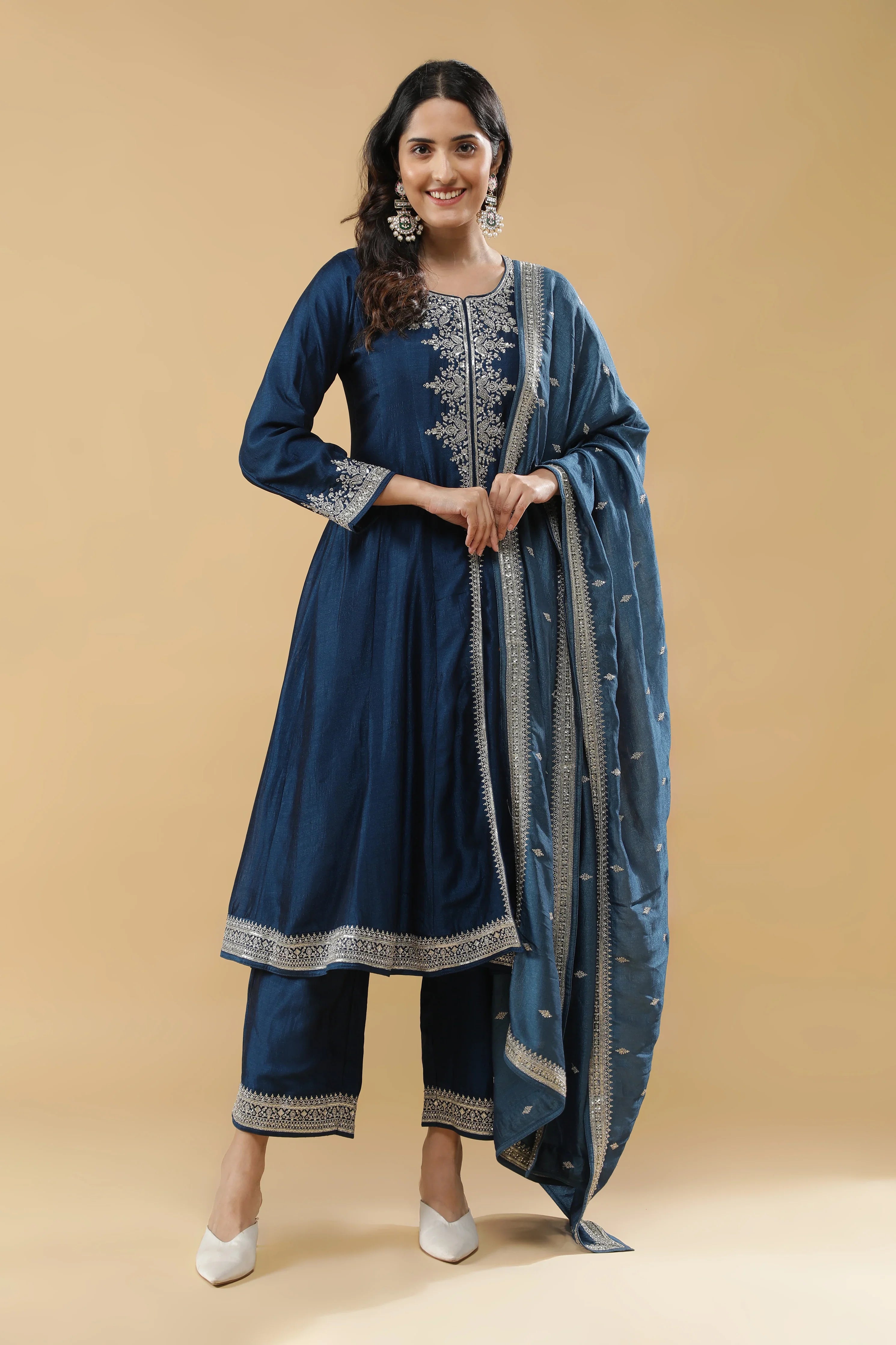 Blue Silk Anarkali Set - Mokshaa