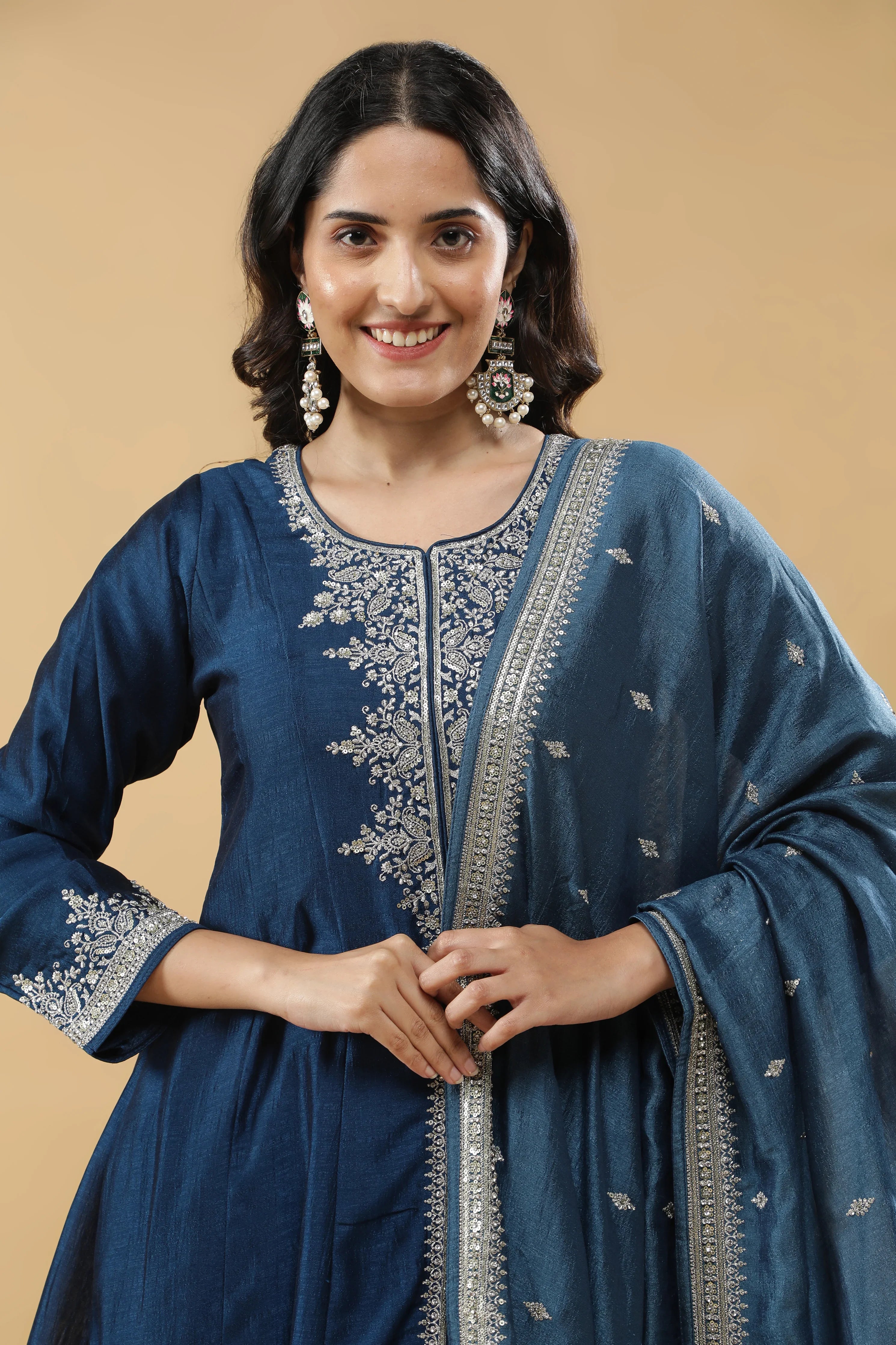 Blue Silk Anarkali Set - Mokshaa