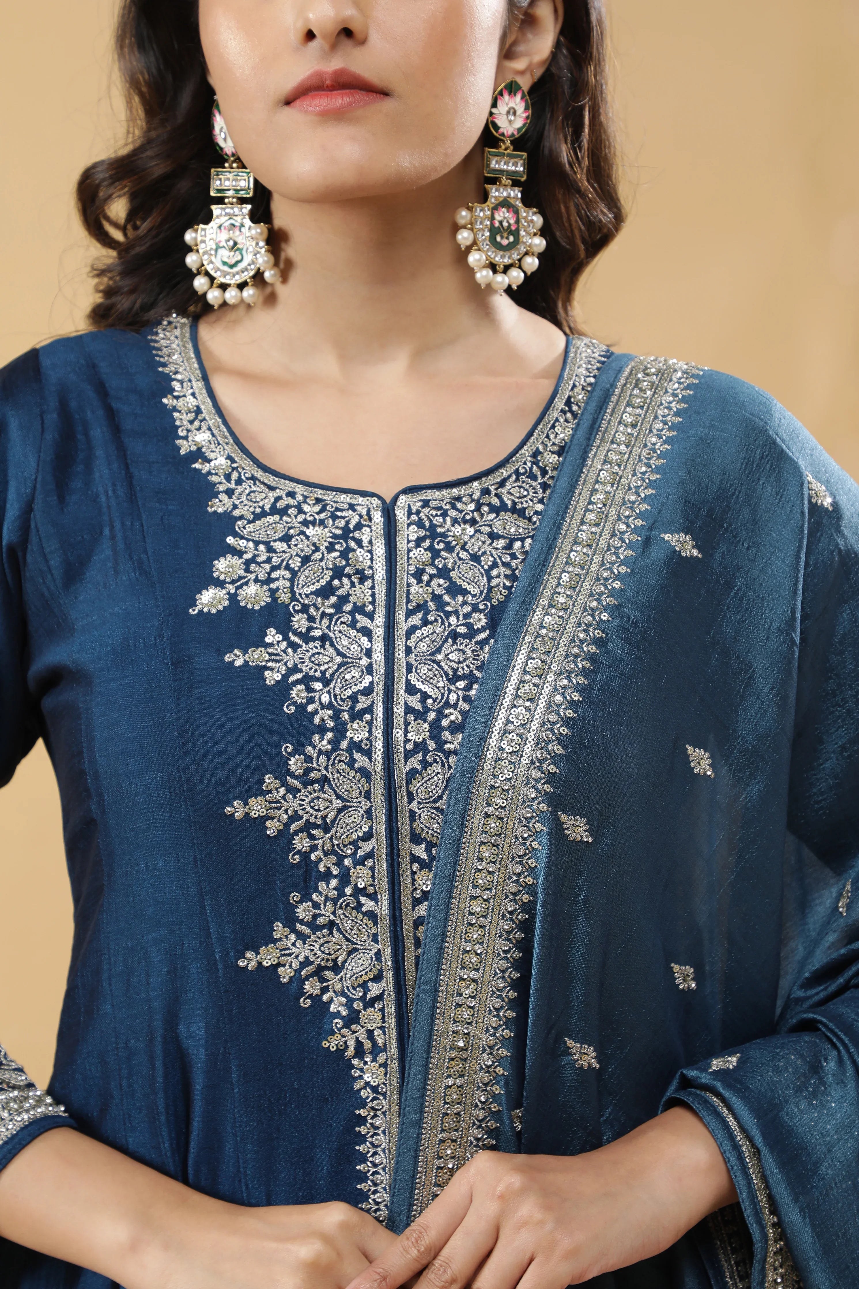 Blue Silk Anarkali Set - Mokshaa