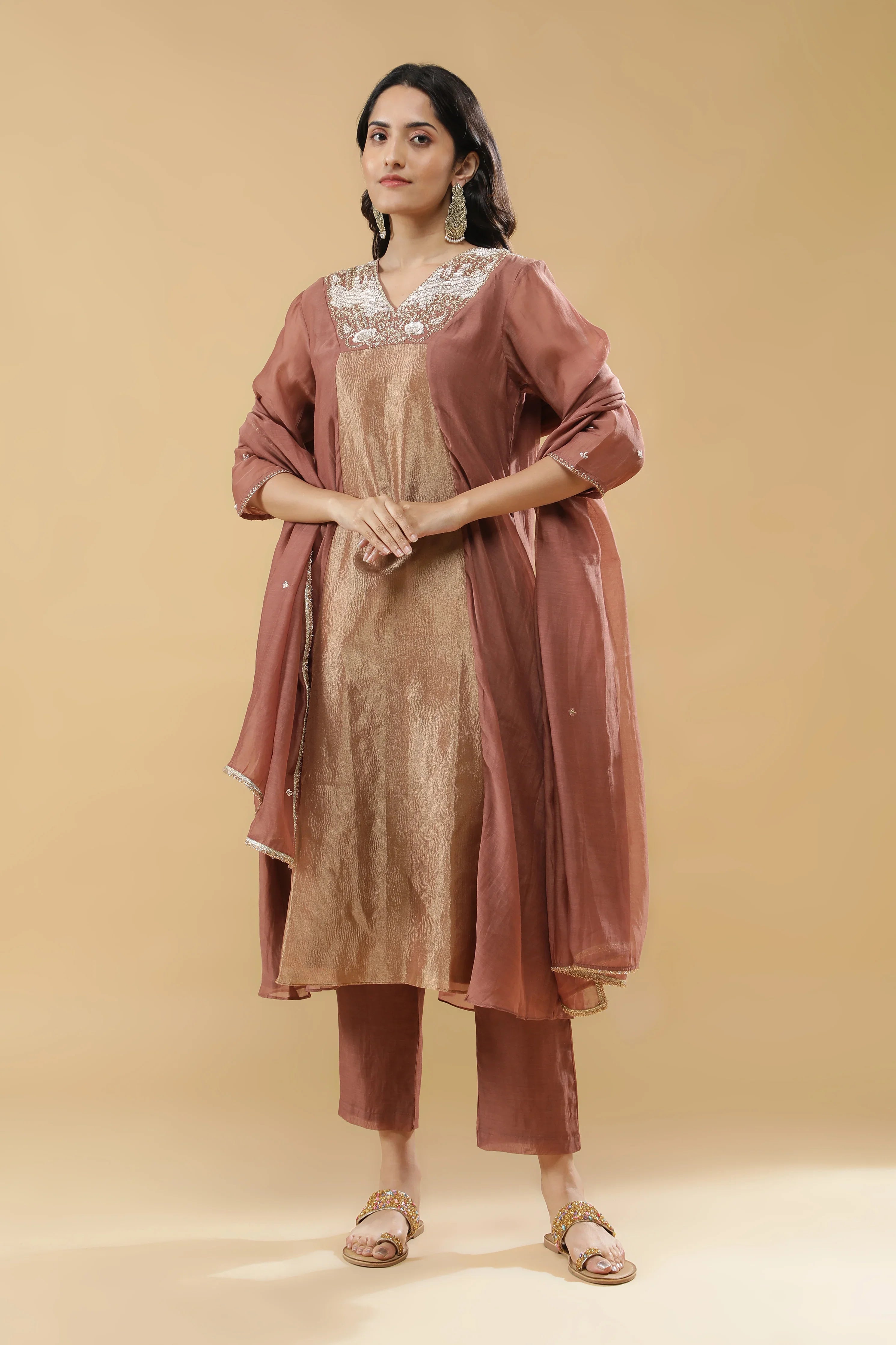 Dusty Rose & Beige Mul Cotton Anarkali Set - Mokshaa