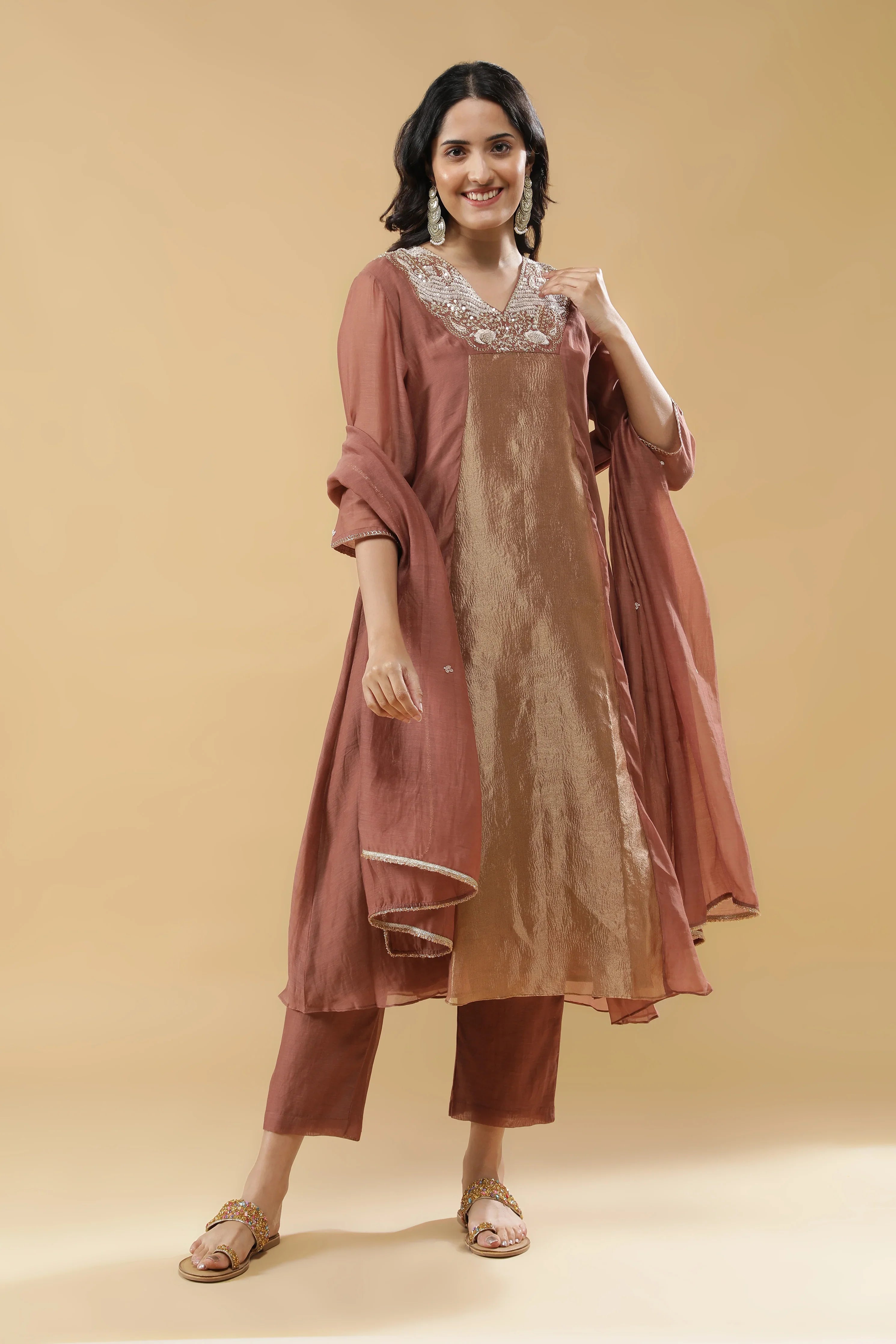 Dusty Rose & Beige Mul Cotton Anarkali Set - Mokshaa