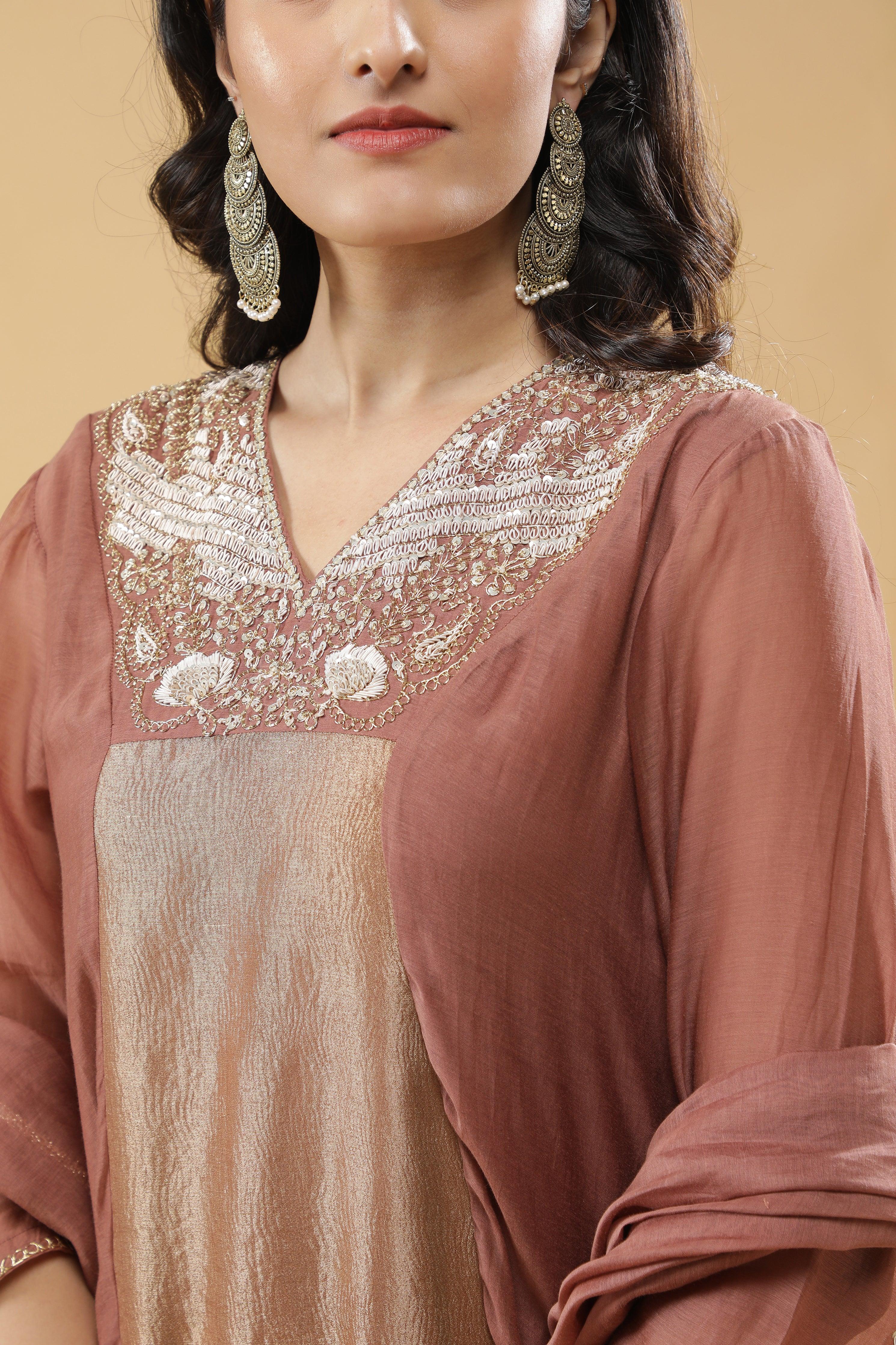 Dusty Rose & Beige Mul Cotton Anarkali Set - Mokshaa