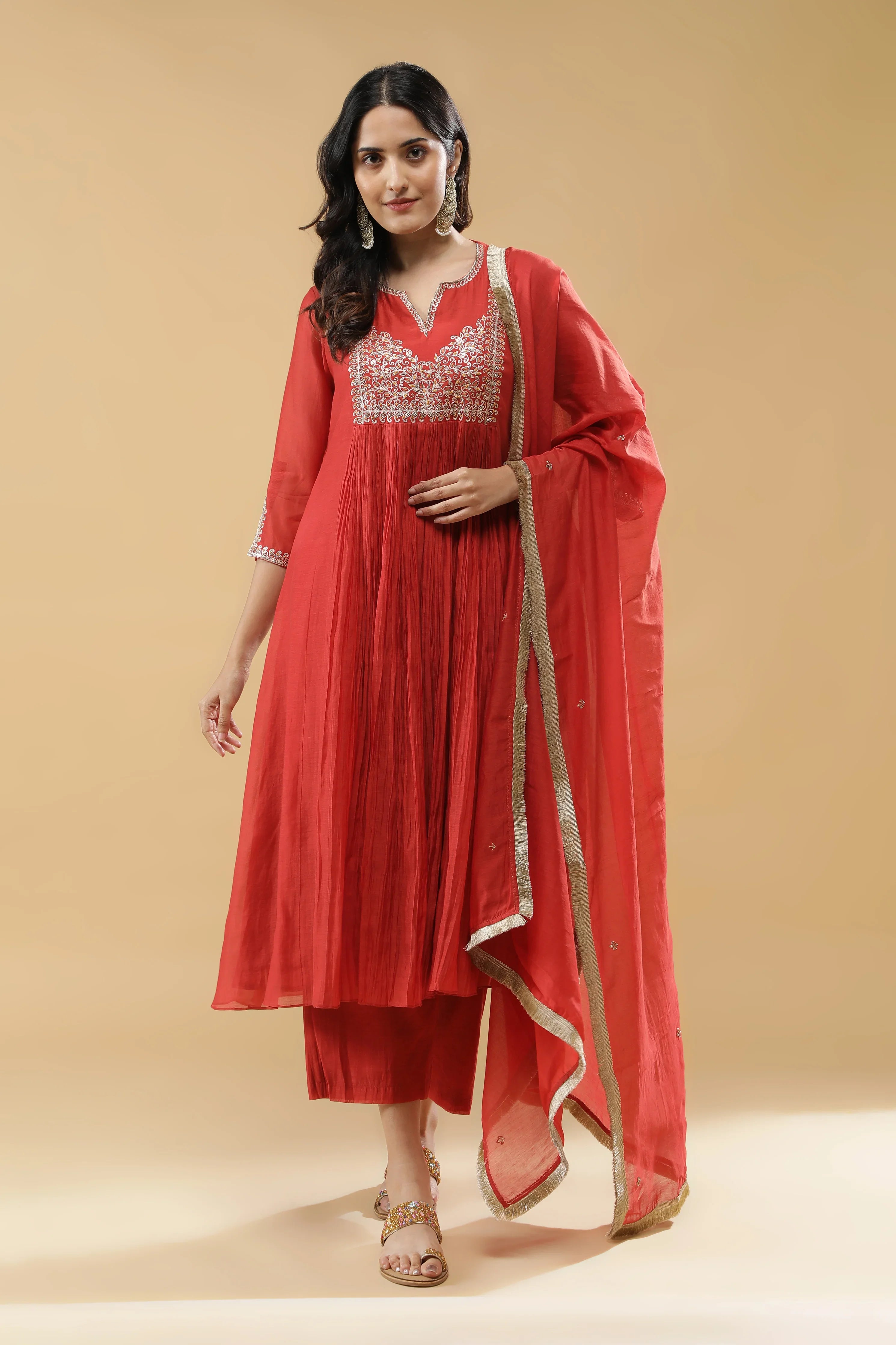 Terracotta Red Mul Cotton Anarkali Set - Mokshaa