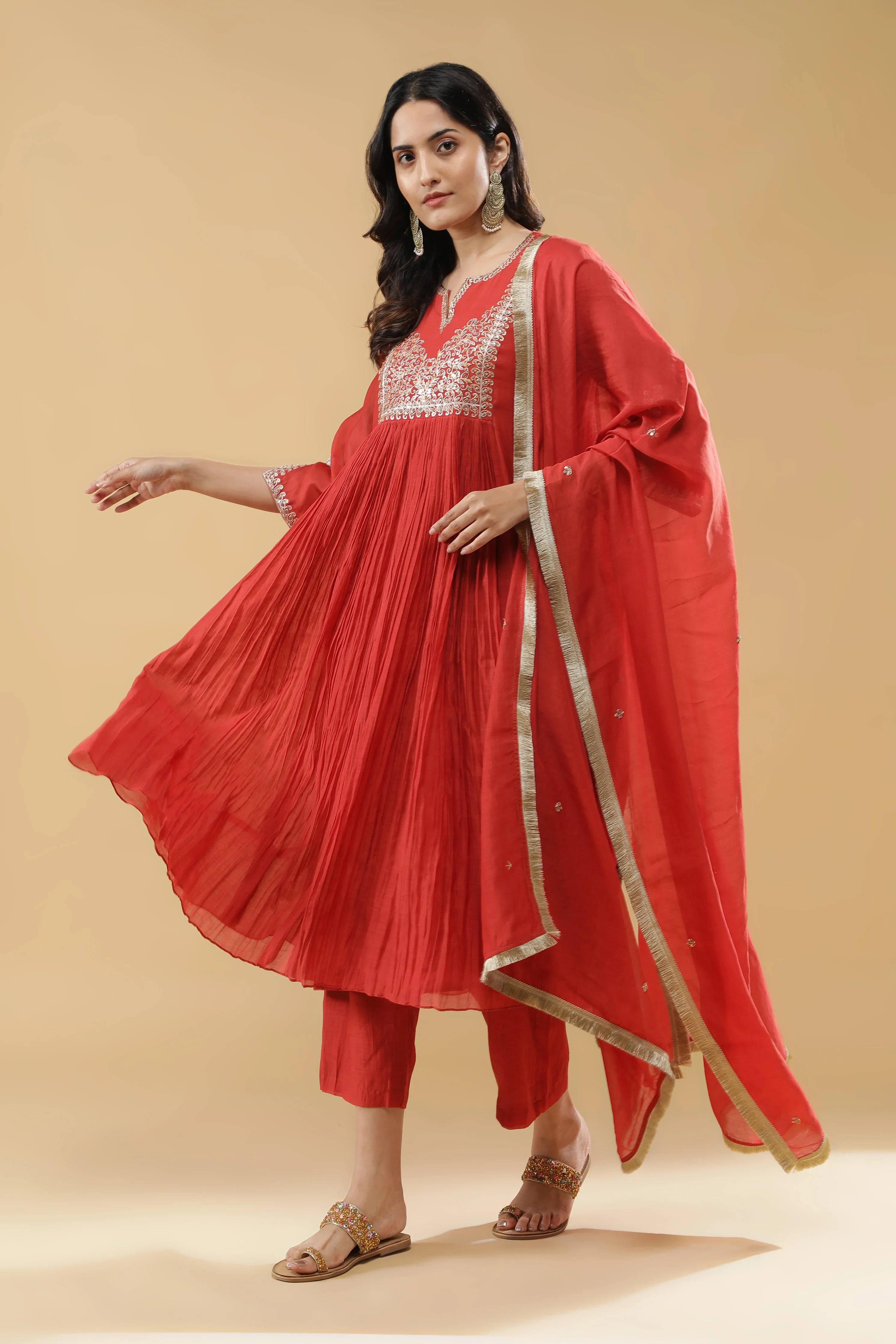 Terracotta Red Mul Cotton Anarkali Set - Mokshaa