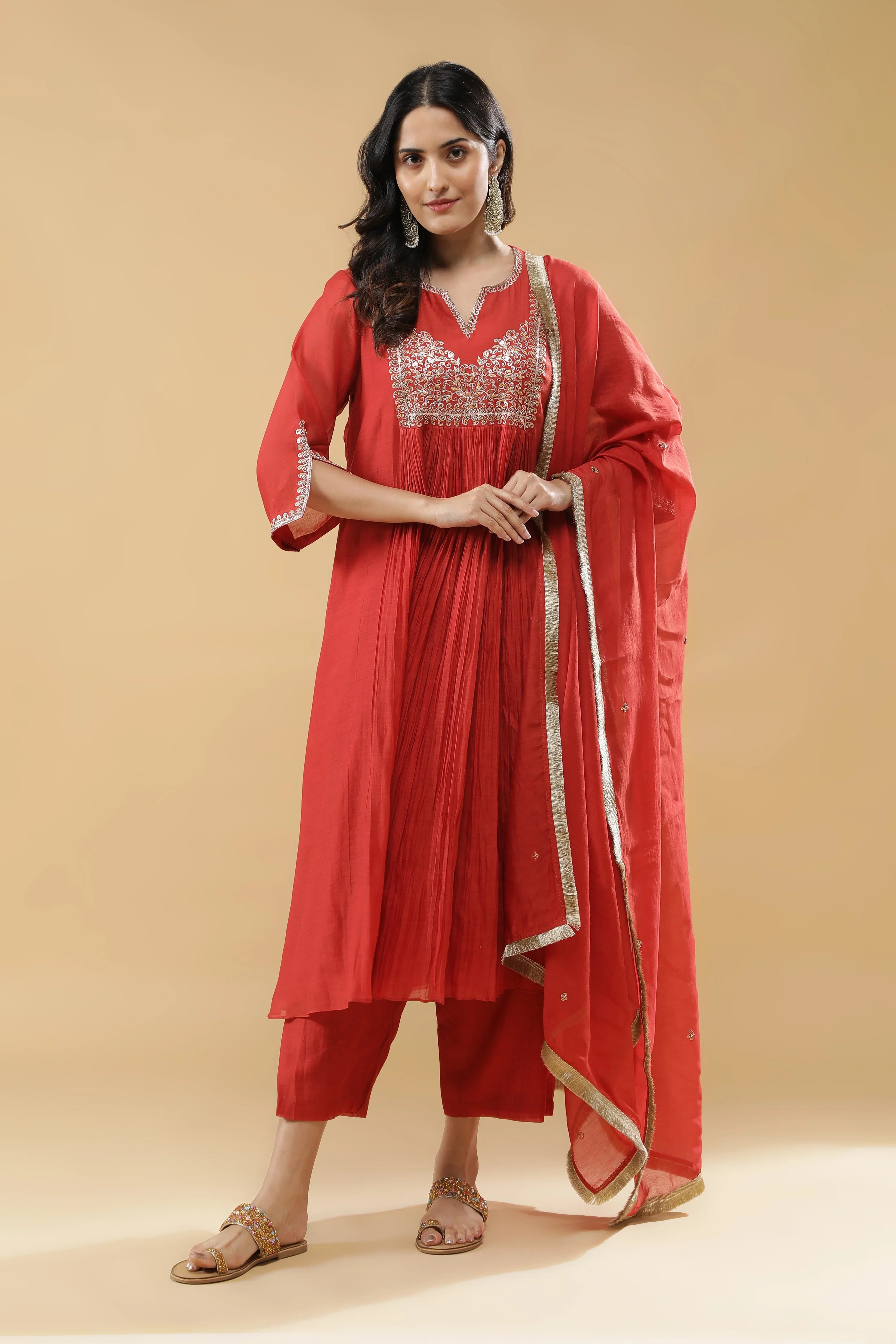 Terracotta Red Mul Cotton Anarkali Set - Mokshaa