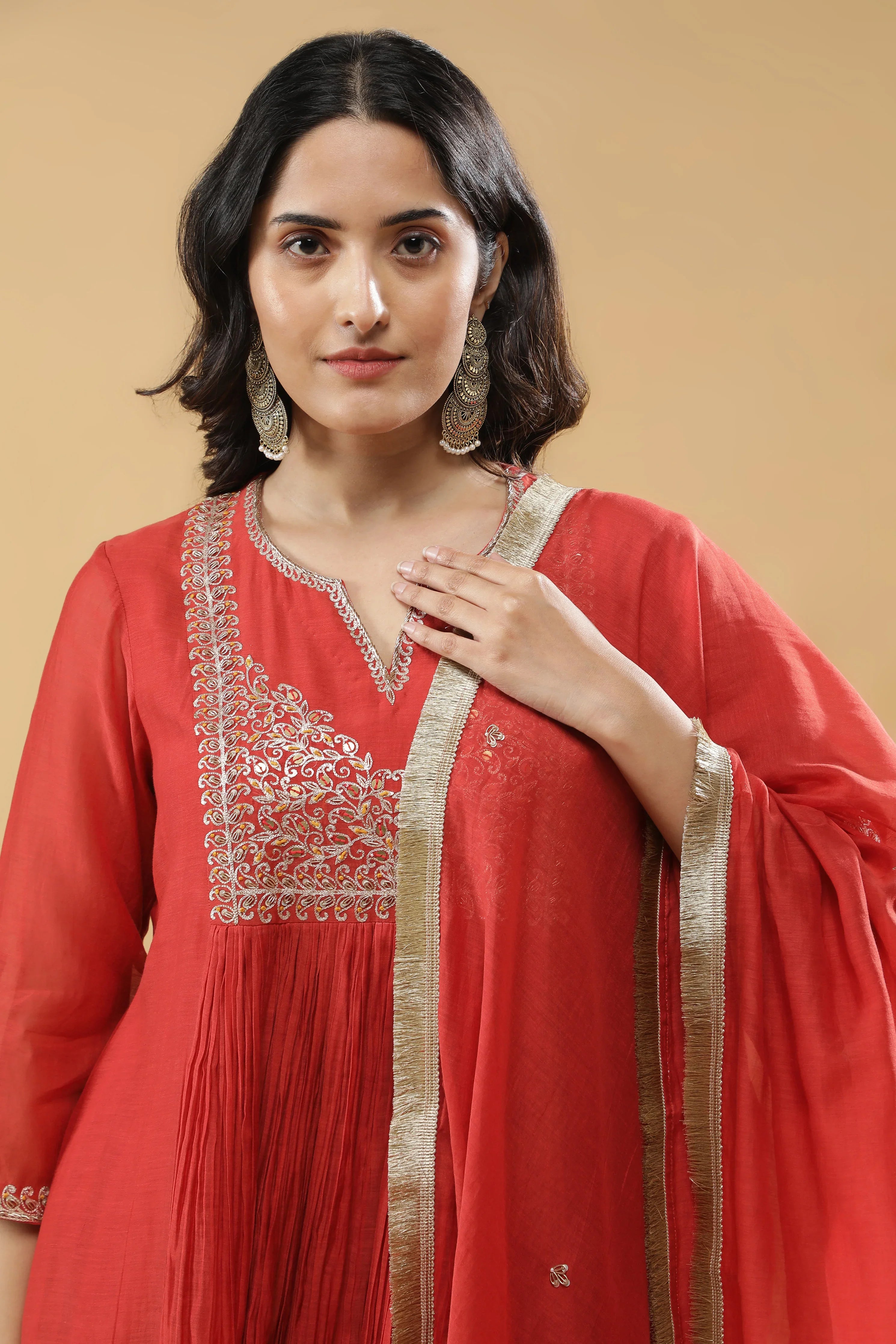 Terracotta Red Mul Cotton Anarkali Set - Mokshaa