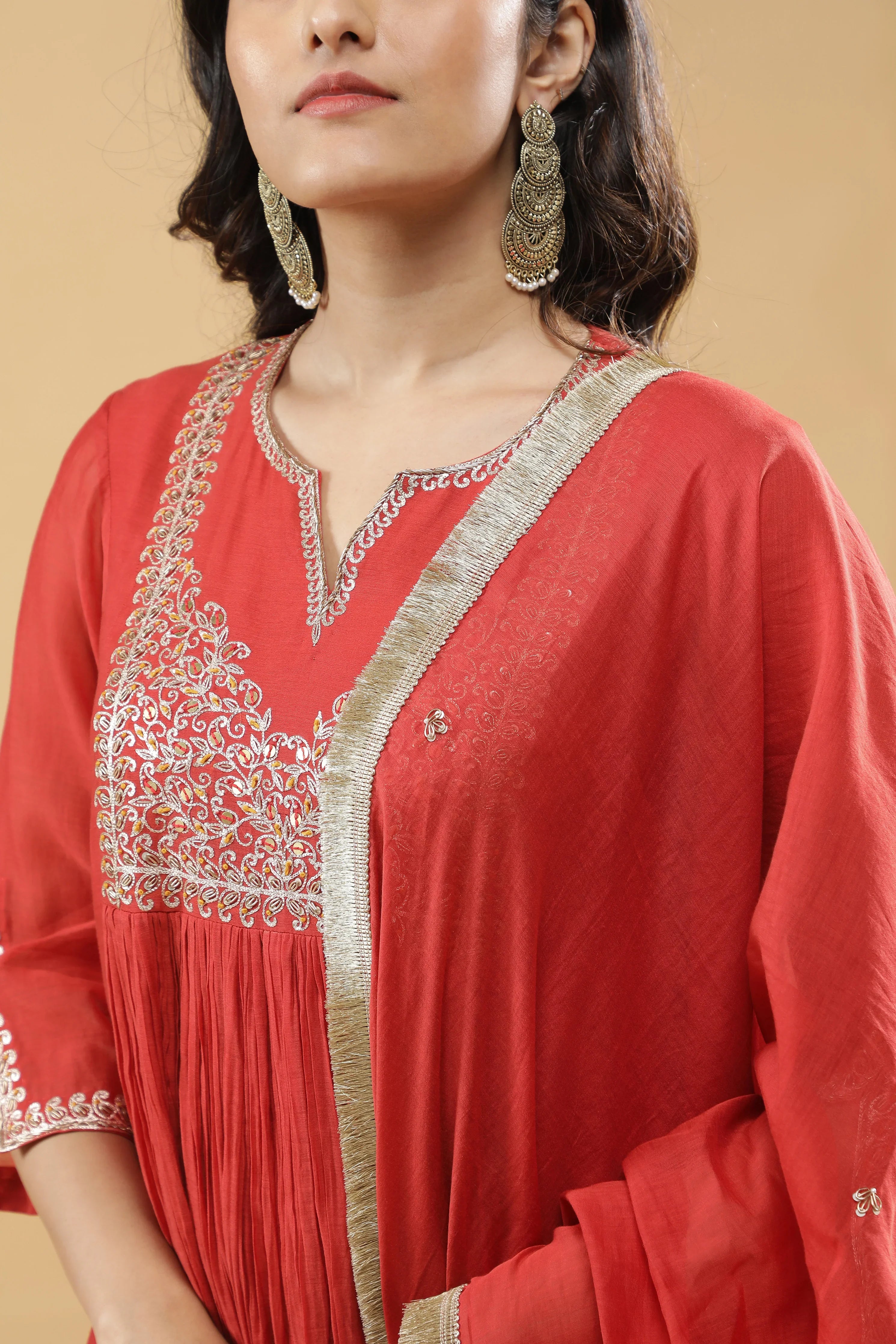 Terracotta Red Mul Cotton Anarkali Set - Mokshaa