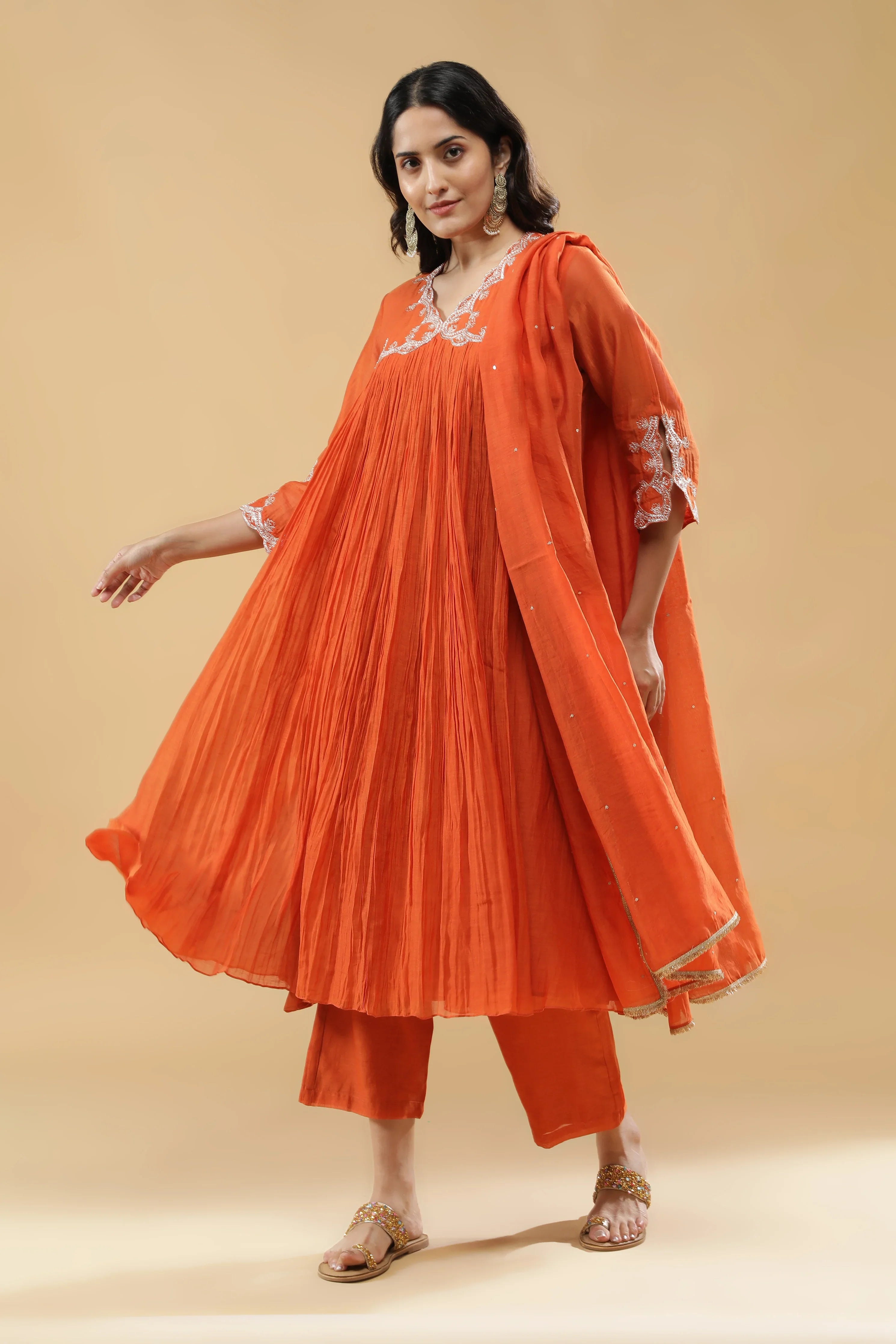 Rust Orange Mul Cotton Anarkali Set - Mokshaa