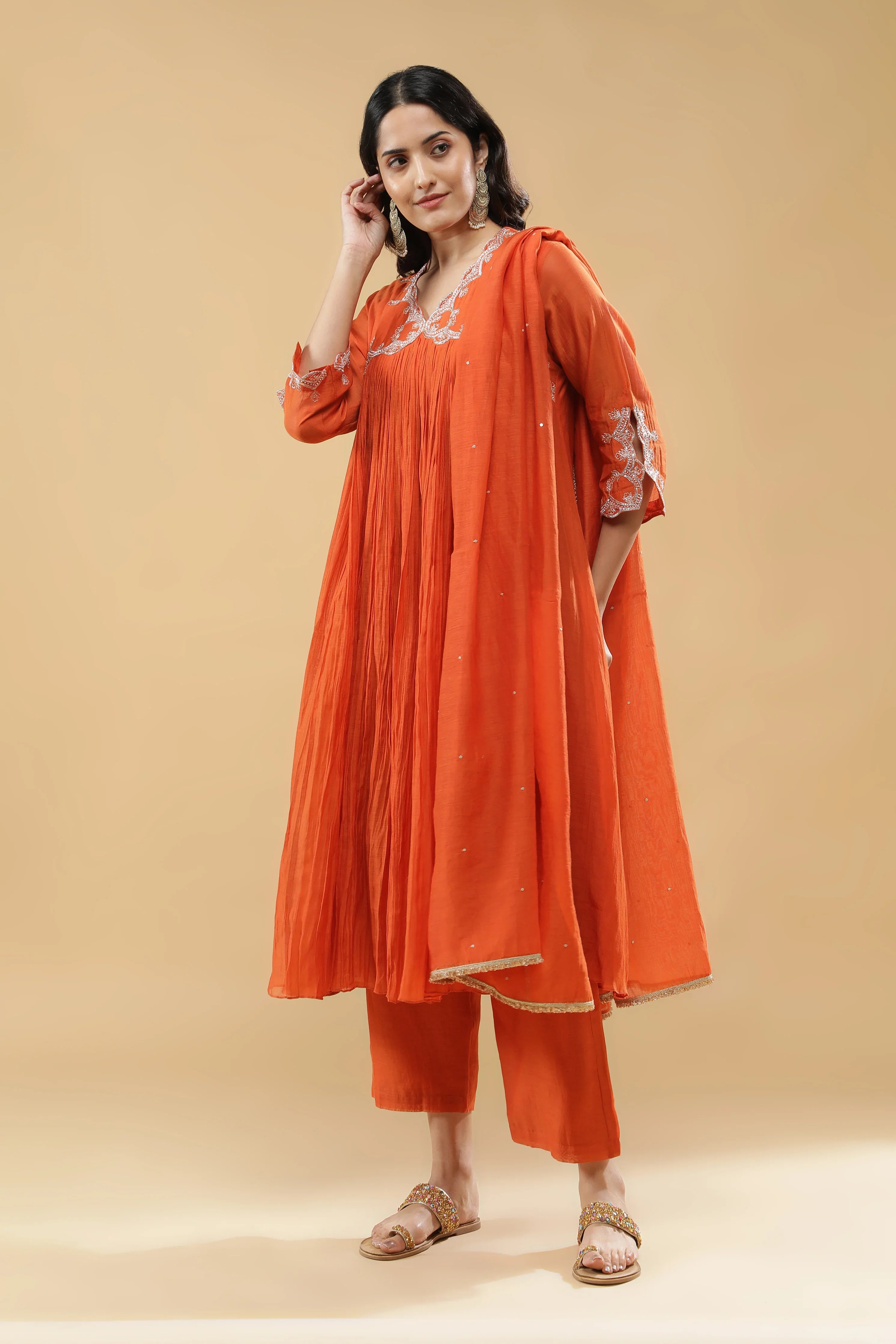 Rust Orange Mul Cotton Anarkali Set - Mokshaa