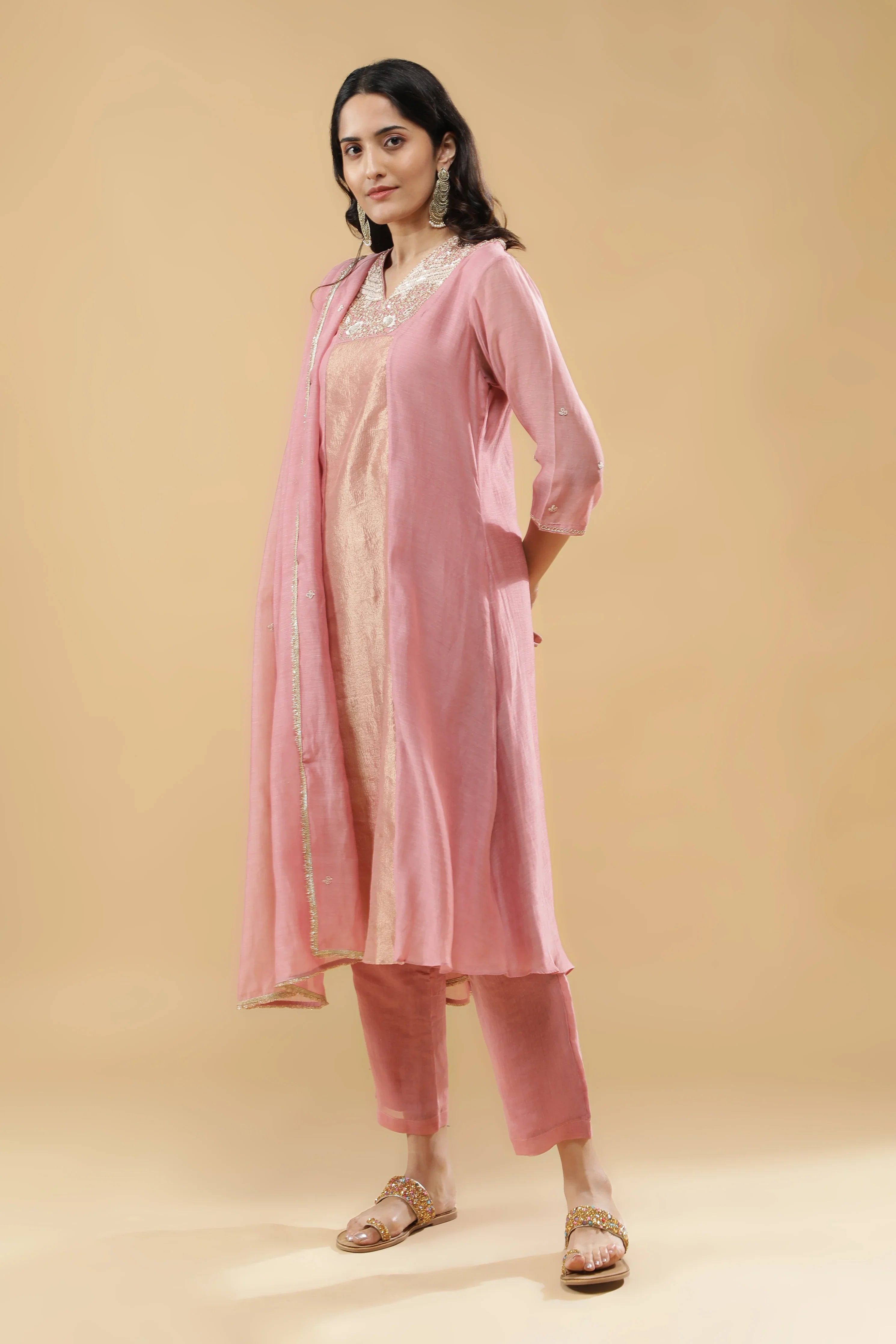 Blush Pink & Golden Anarkali Set - Mokshaa