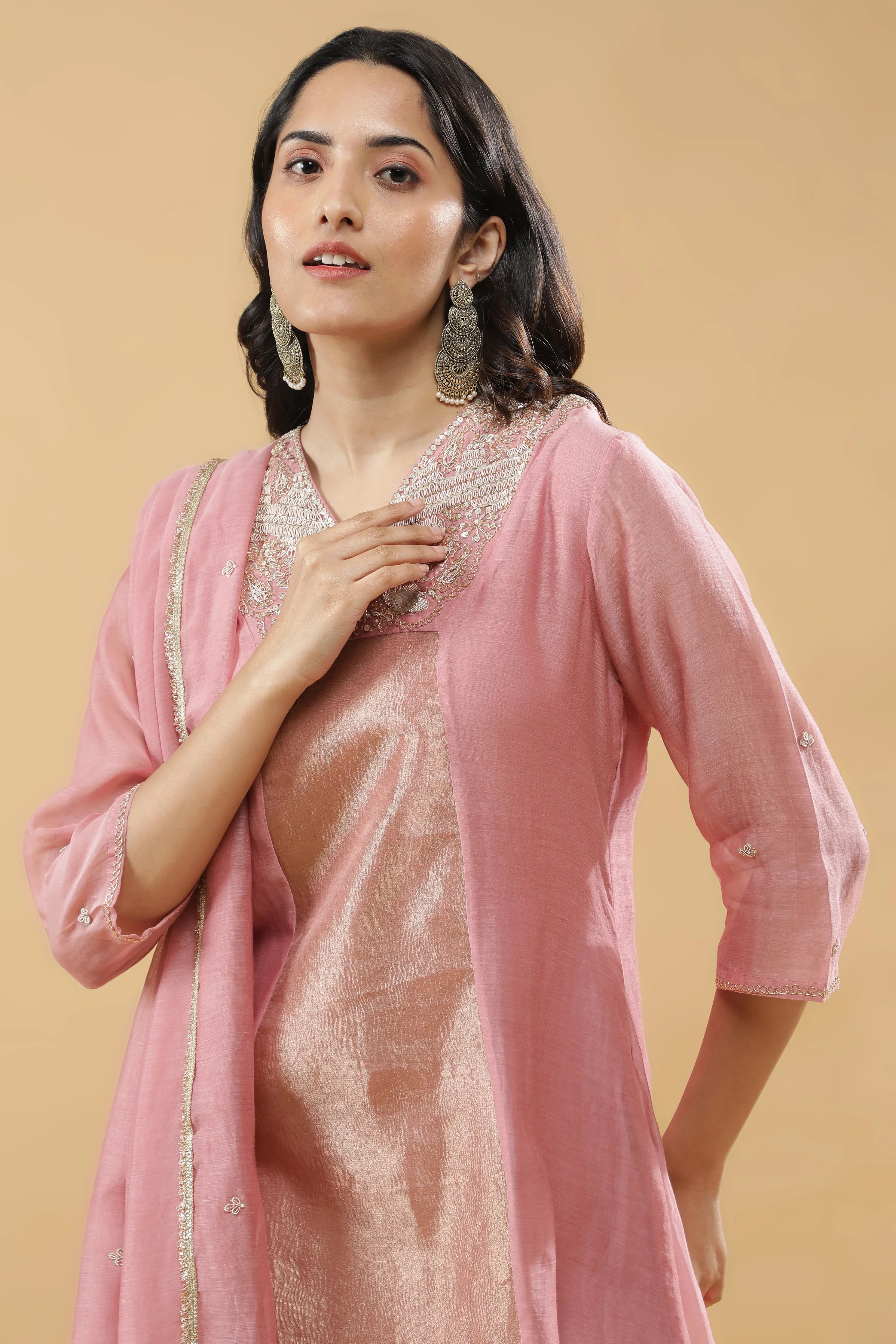 Blush Pink & Golden Anarkali Set - Mokshaa