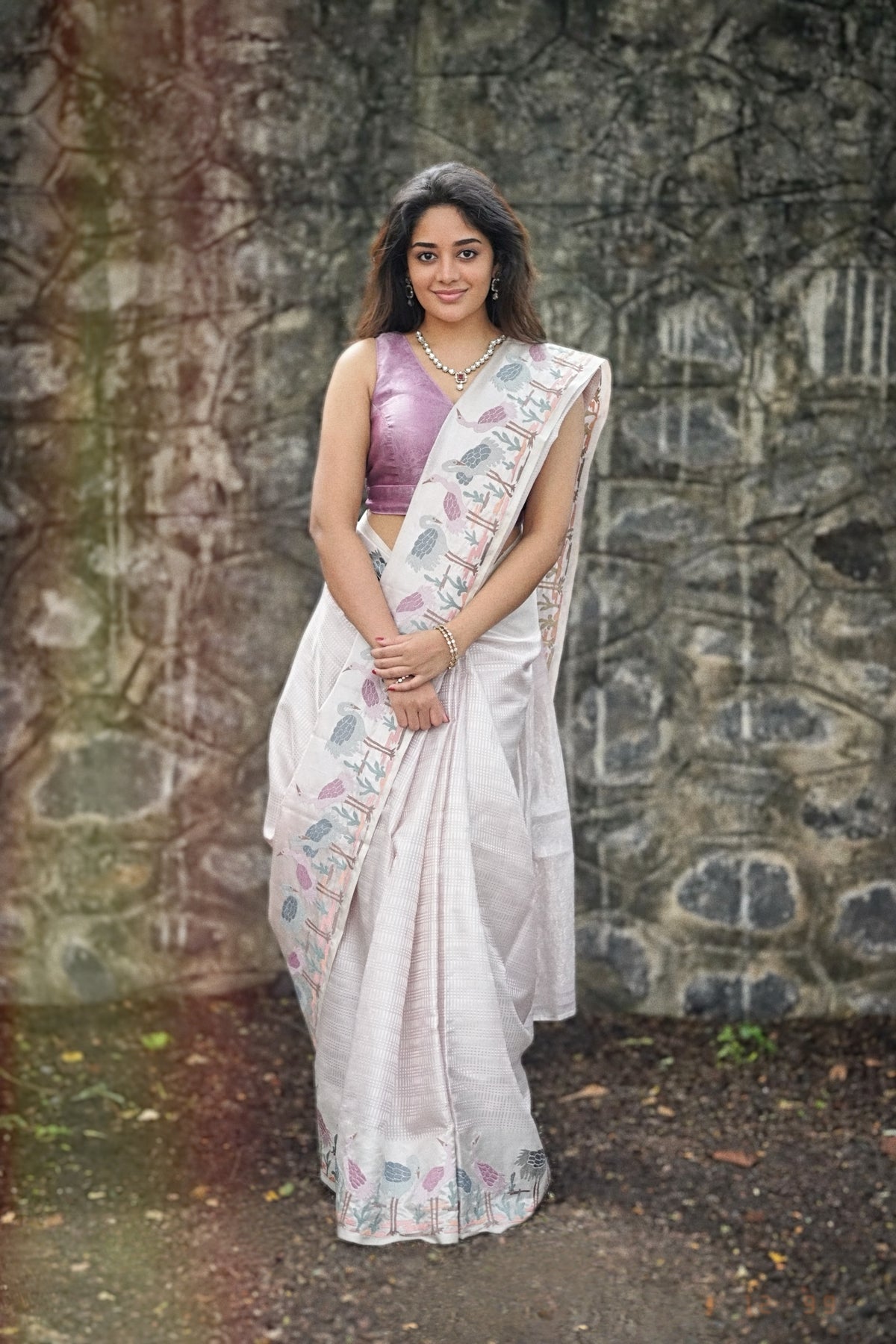 Light Lavender Silk Saree with Tissue Embroidered Border - Mokshaa