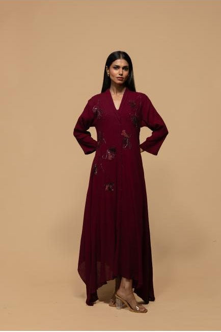 Maroon Pleated Dress with Embroidered Detailing