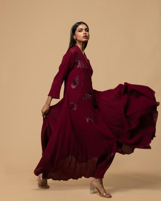 Maroon Pleated Dress with Embroidered Detailing