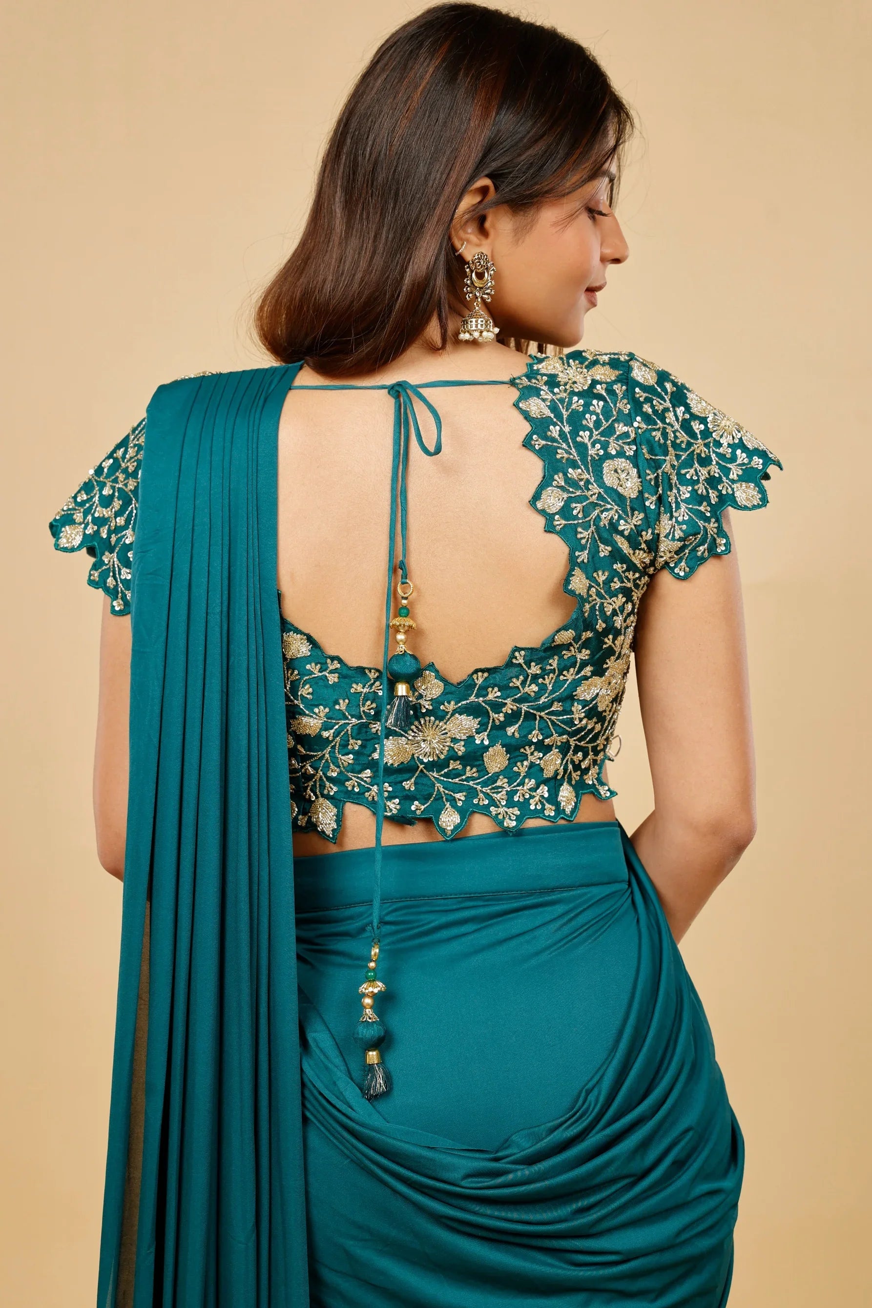 Emerald Green Lycra Silk Drape Saree with Kutdana Embroidery - Mokshaa