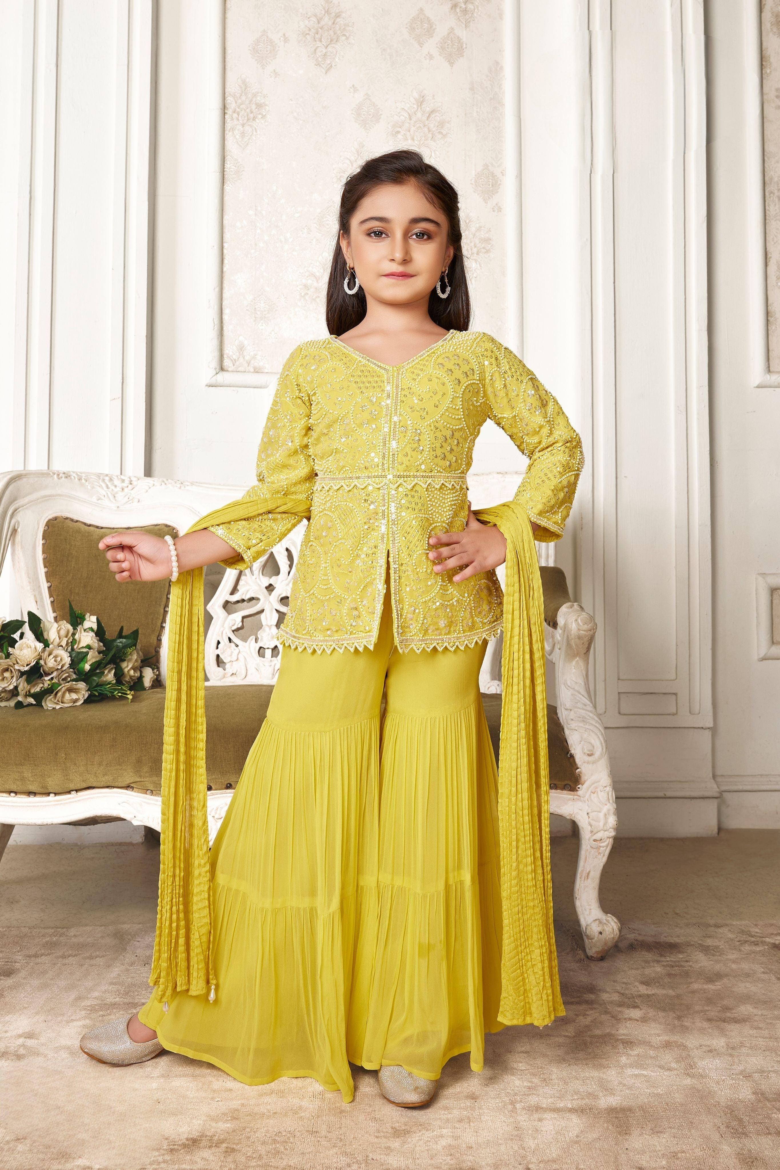 Vibrant Lime Green Embroidered Sharara Set - Mokshaa