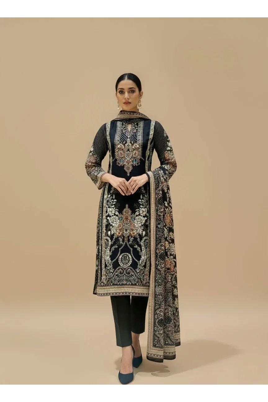 Black Muslin Kurta Set with Ornate Printed Panels & Dupatta - Mokshaa