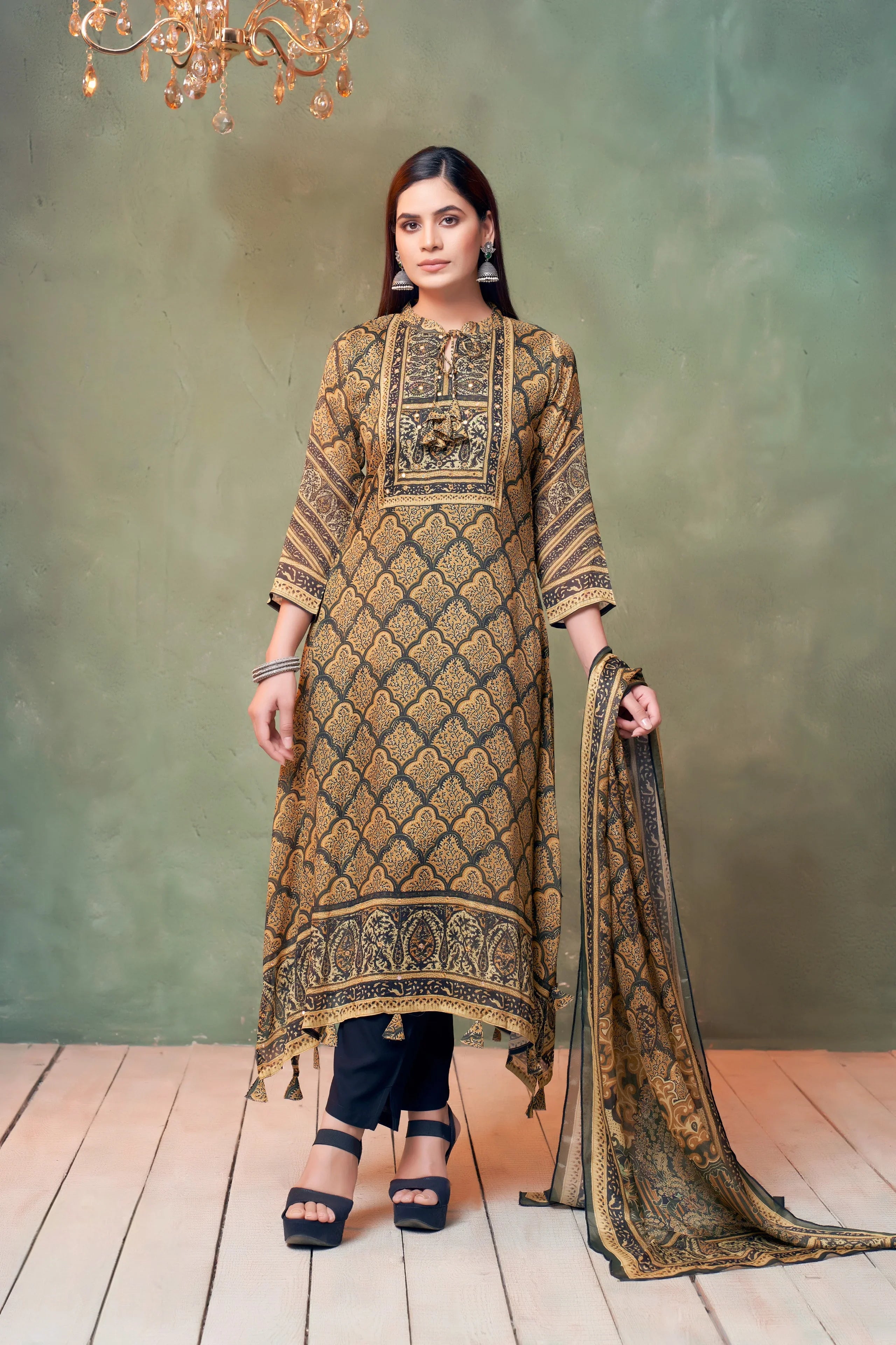 Mustard & Black Printed Muslin Kurta Set with Matching Dupatta - Mokshaa
