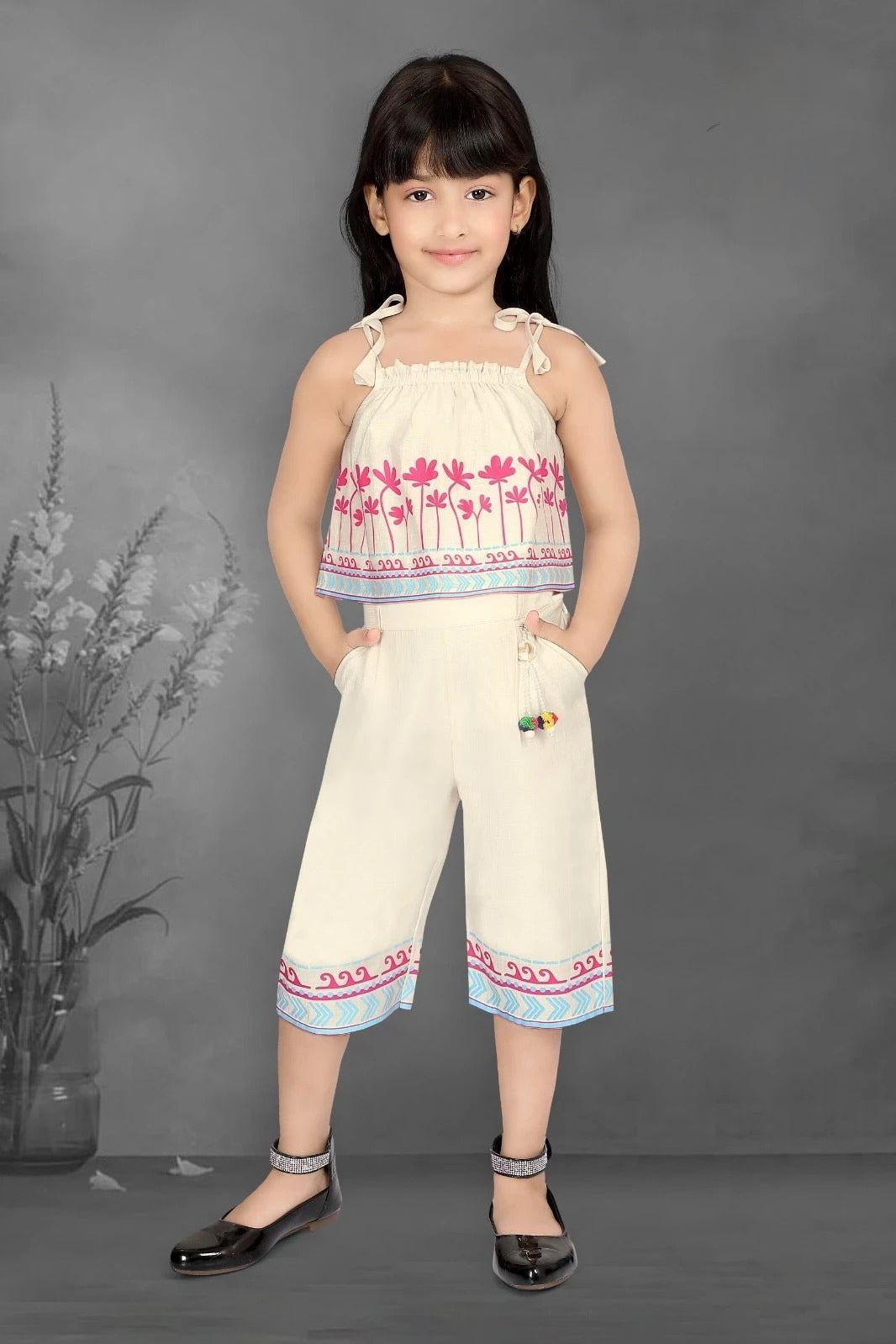 Cream Boho-Printed Co-ord Set for Girls - Mokshaa