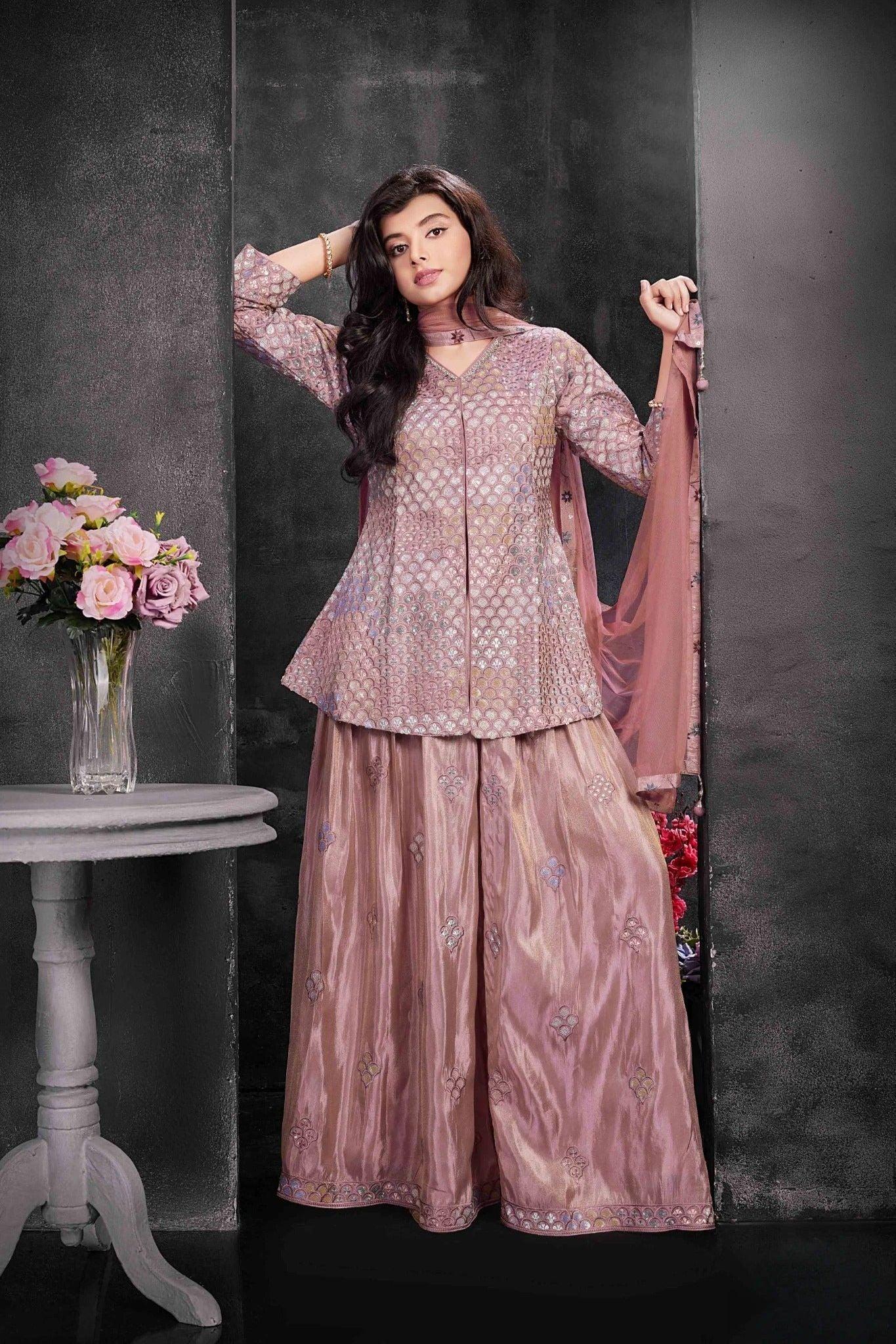 Dusty Rose Embroidered Palazzo Set with Jacket Kurta - Mokshaa