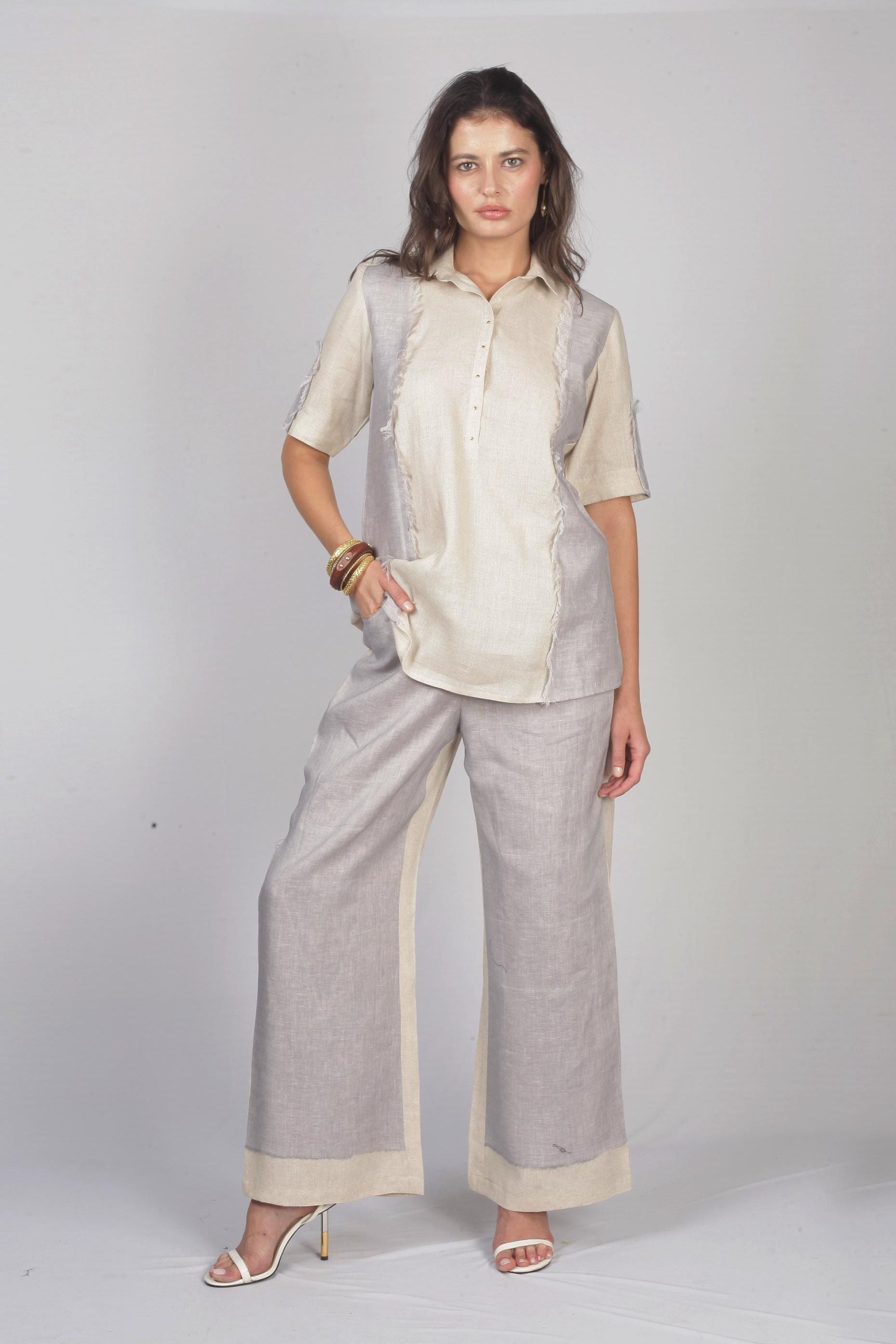 Beige & Grey Linen Co-Ord Set