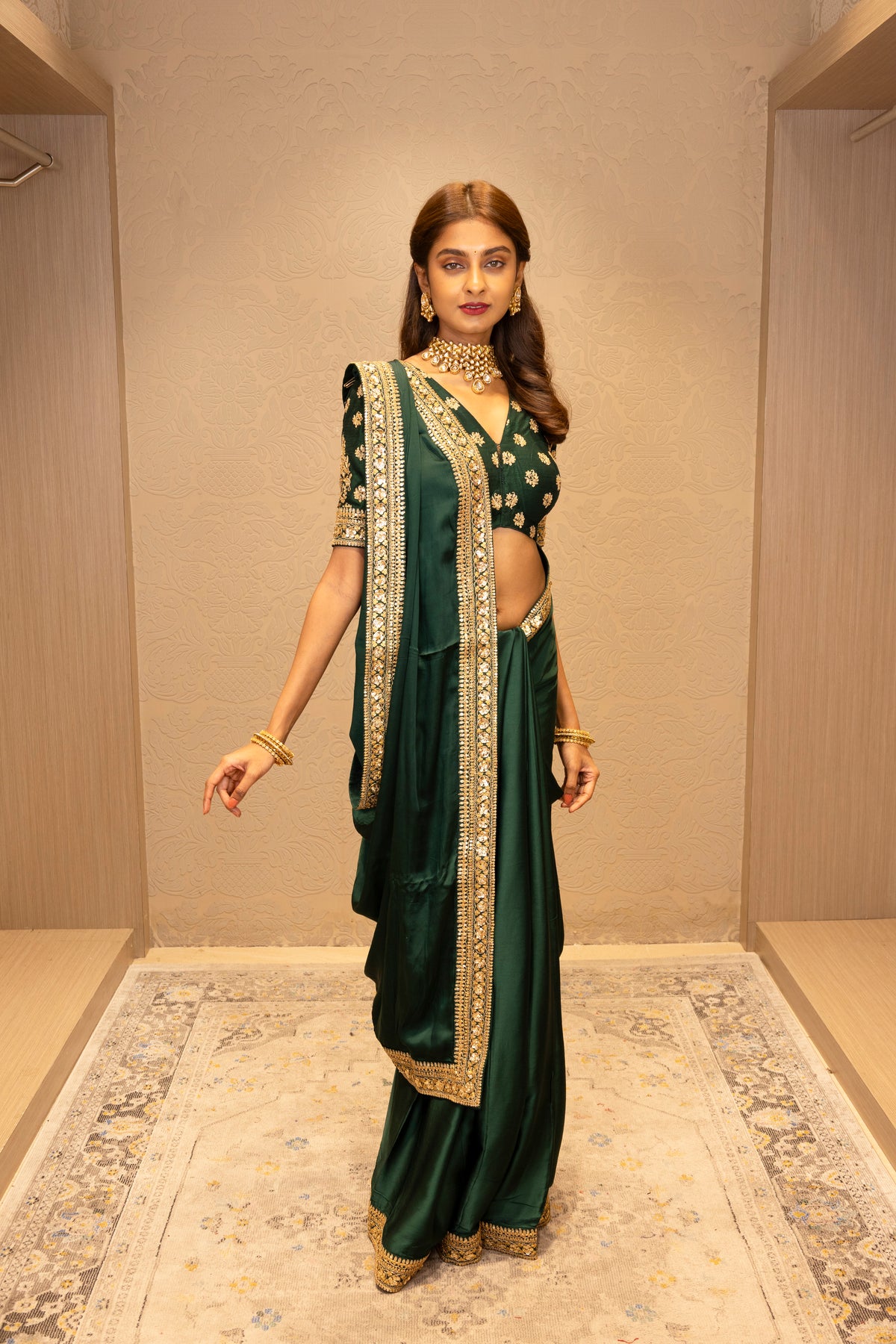 Bottle Green Satin Saree with Embellished Border - Mokshaa