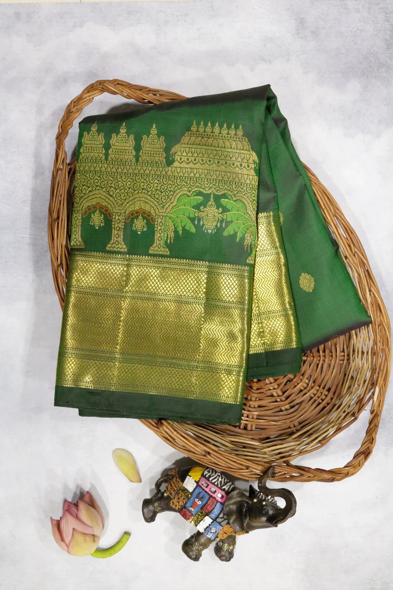 Bottle Green Kanchipuram Silk Saree with Thread Meenakari Motifs and Long Zari Border - Mokshaa