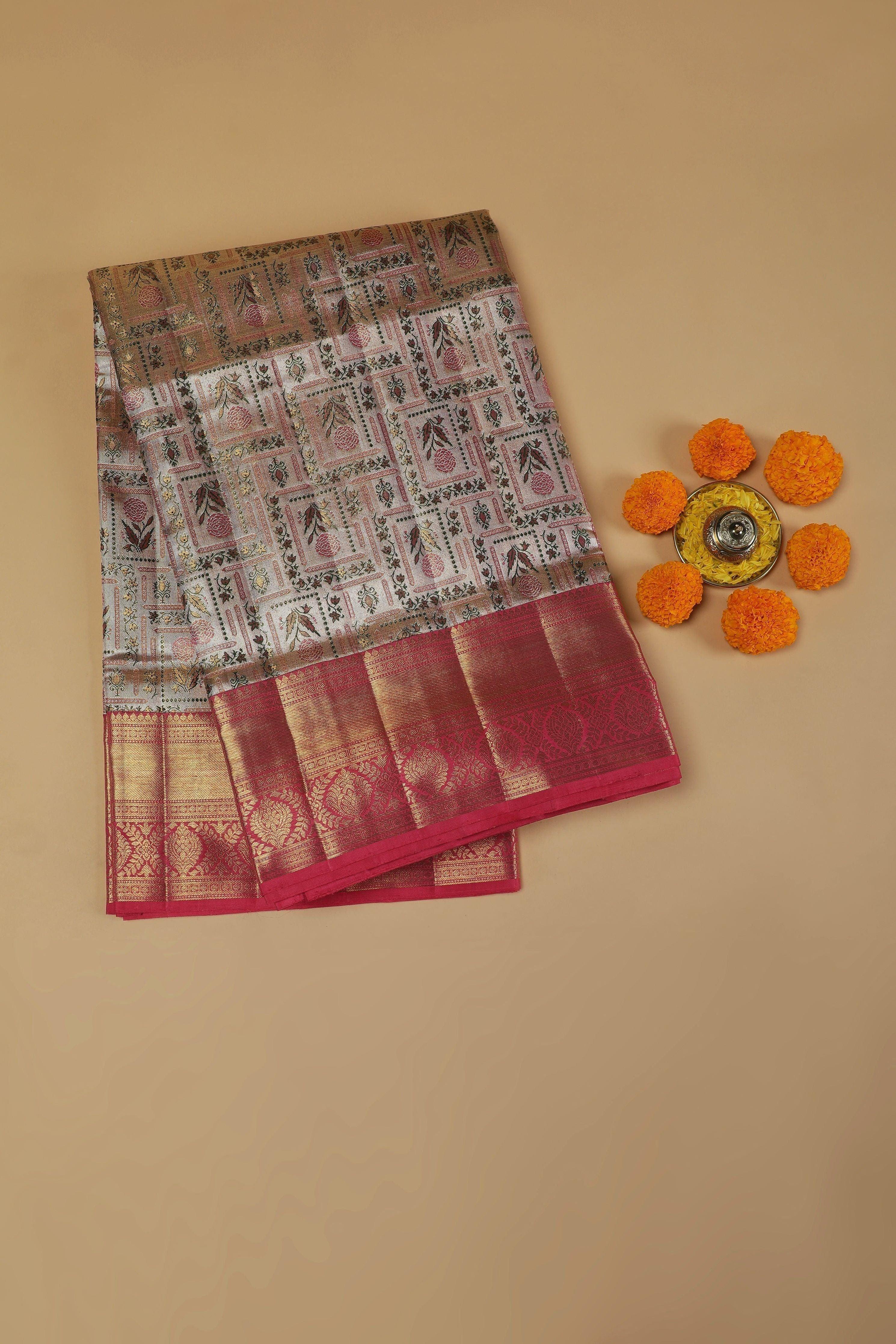 Antique Rose Gold Tissue Silk Saree with Floral Jaal and Peach Border - Mokshaa