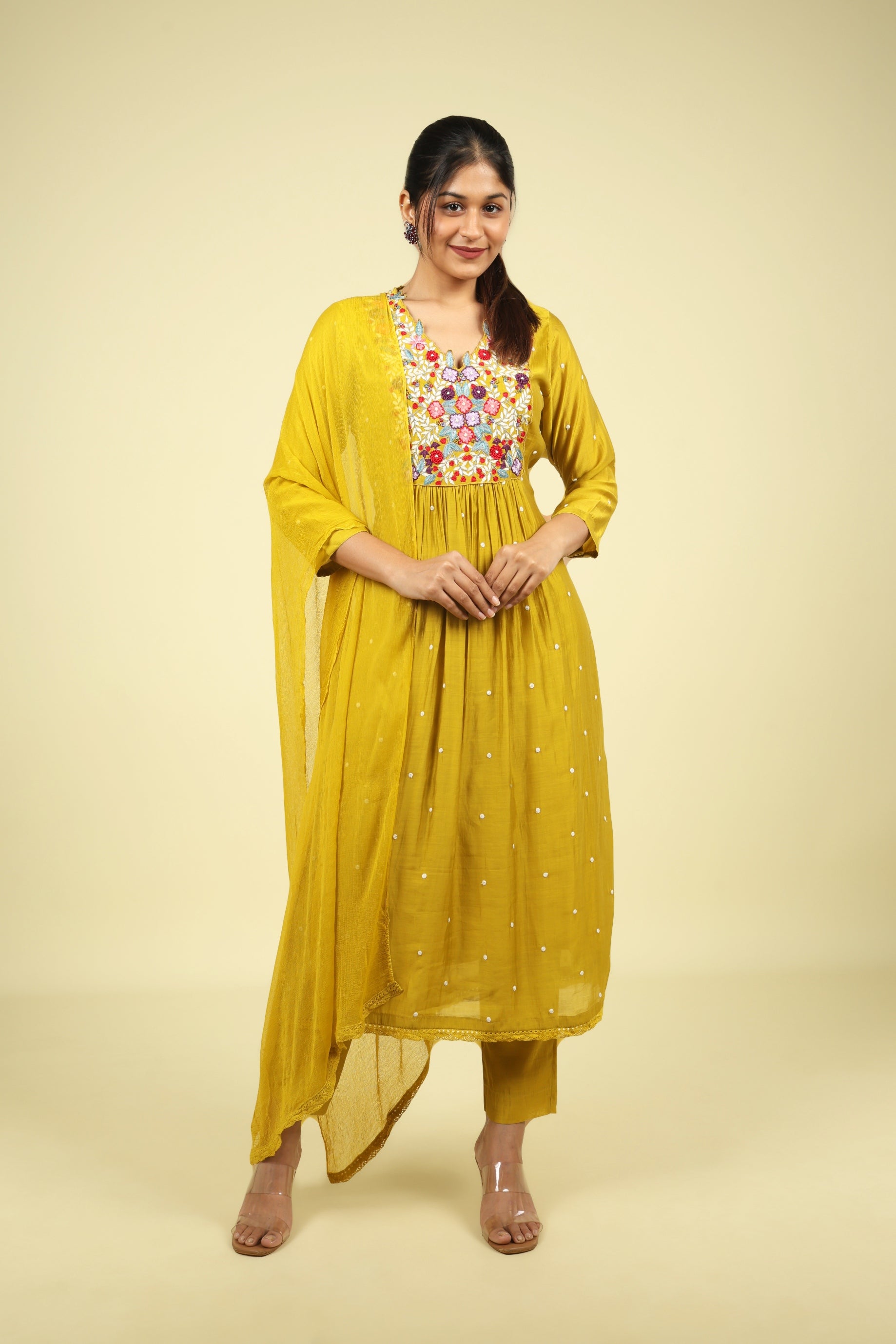 Yellow Mul Chanderi Straight Cut Salwar Set - Mokshaa